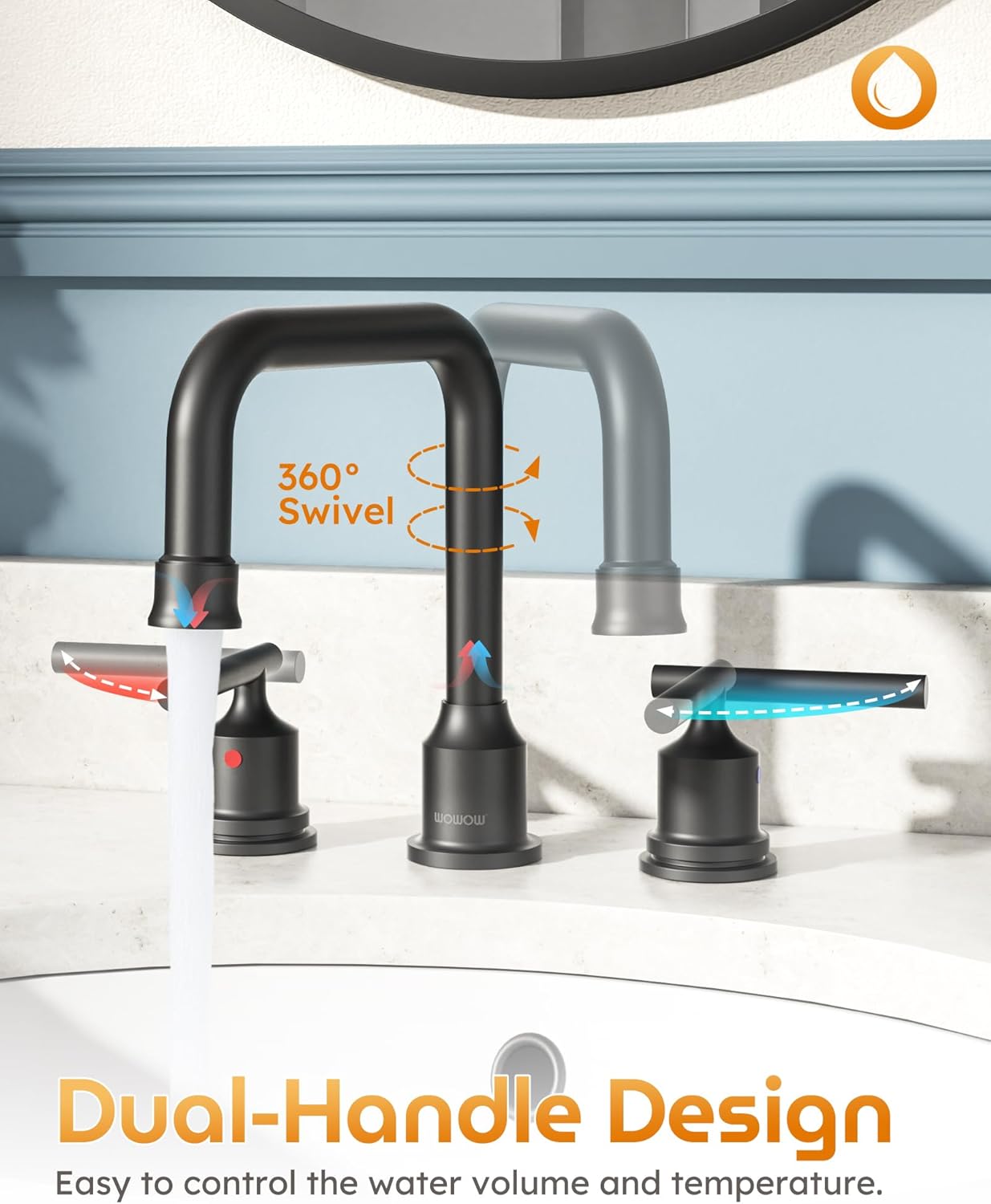 3 Hole Bathroom Faucet Black: WOWOW 8 Inch Bathroom Sink Faucet Widespread, Two Handle Vanity Taps with Pop-up Drain and Supply Lines, 360 Swivel Lavatory Tap High Arc Modern (2 Sets)