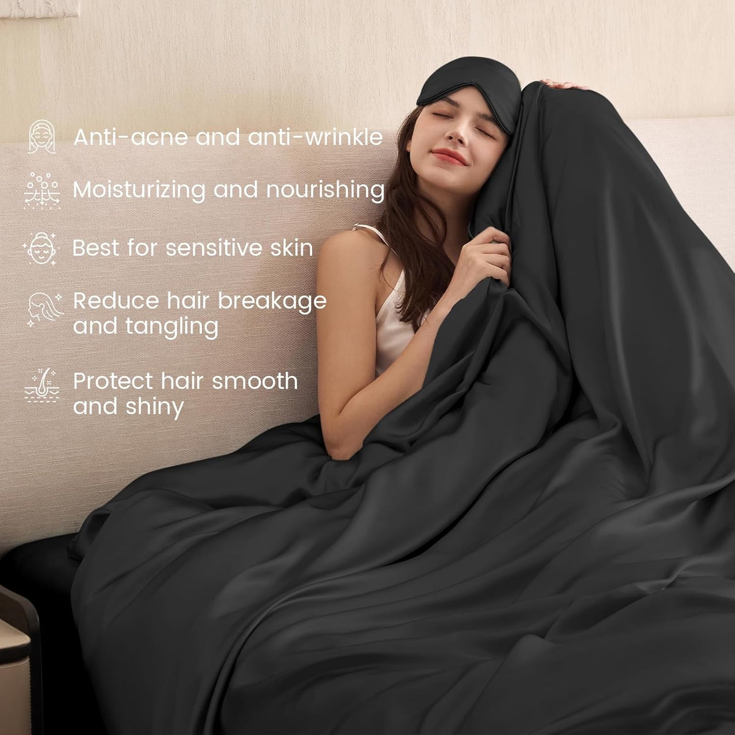 THXSILK 100% Pure Mulberry Silk Duvet Cover Set 3 Piece, 6A+ Grade Luxury Soft Bedding Silk Sheets for Hair and Skin, 1 Pcs Duvet/Quilt/Comforter Cover with 2 Zippered Pillowcases (Black, Full)