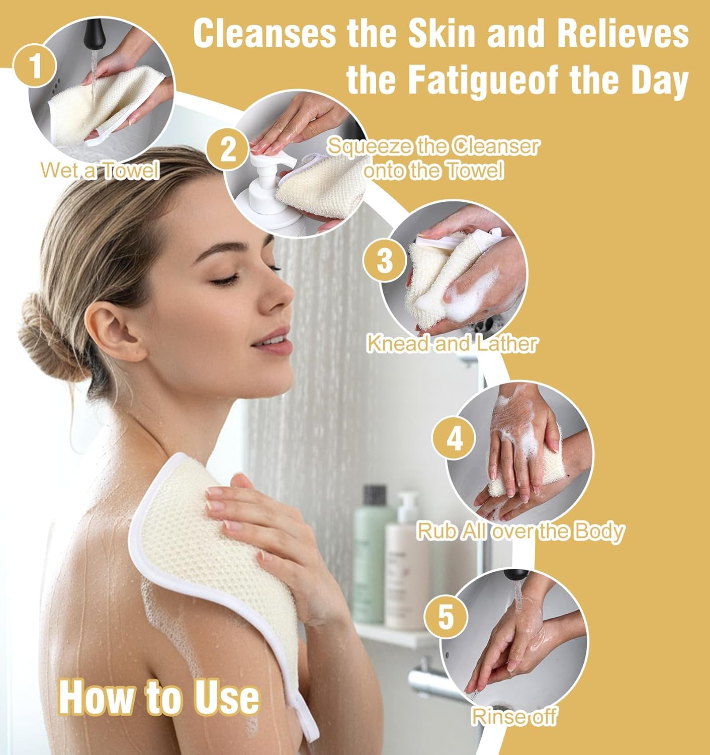 4PCS Exfoliating Wash Cloth, Exfoliating Cloth Nylon Cotton Loofah, Body Scrub Cloths for Men Women Clean