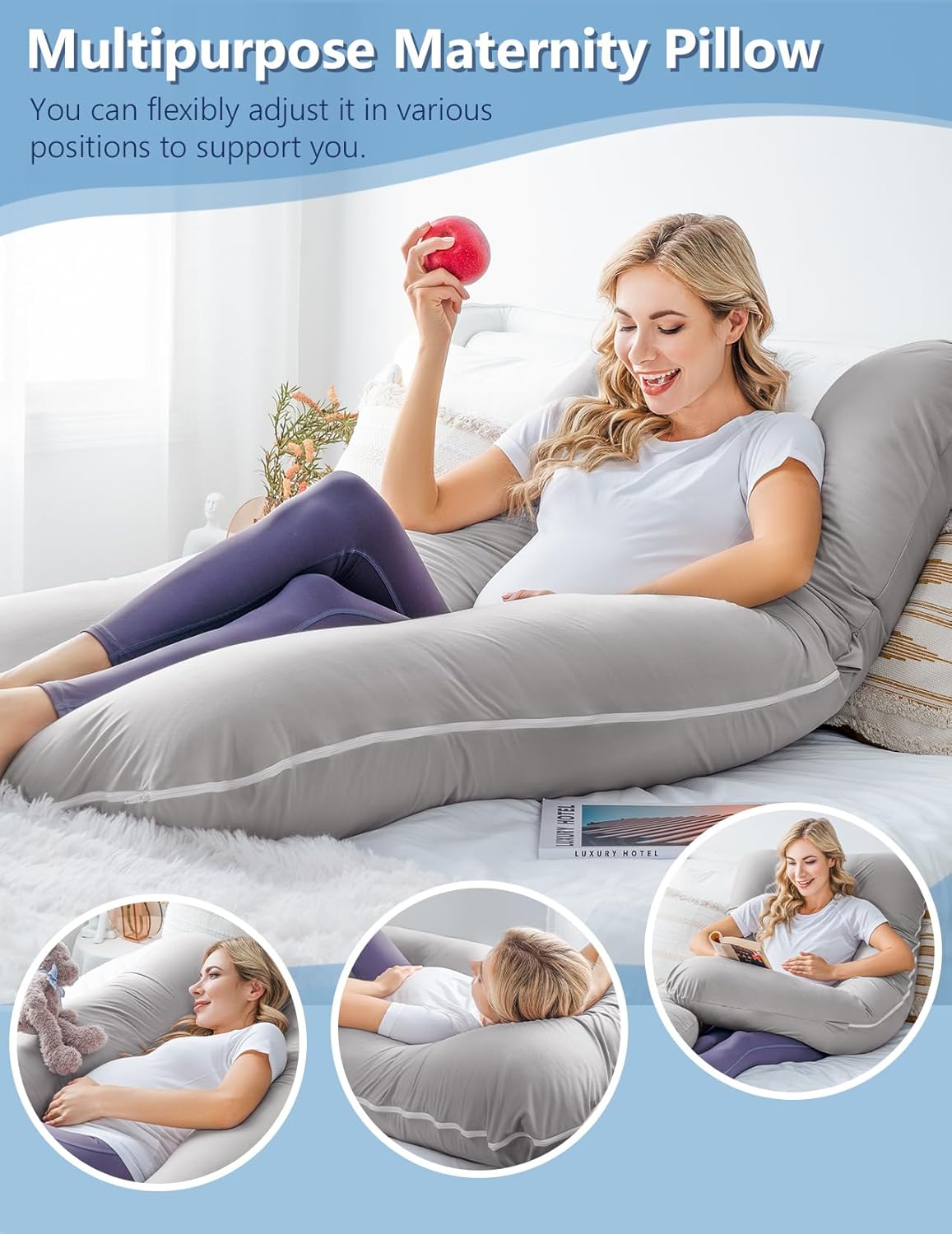 Meiz Pregnancy Pillow, Cooling Silky Pregnancy Pillows for Sleeping, Maternity Body Pillow for Pregnant Woman with Cooling Silk Jersey Cover, Light Grey