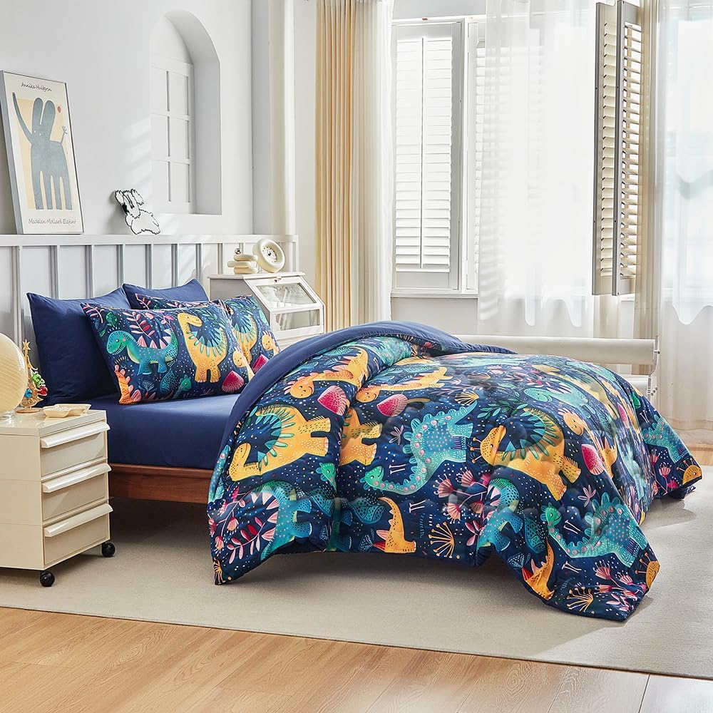 Wajade 7 Piece Dinosaur Comforter Set for Boys 3D Blue Dinosaur Print Bedding Set for Kids Teens Bed in A Bag Twin Size (1 Comforter, 1 Flat Sheet, 1 Fitted Sheet, 2 Pillowcase and 2 Pillow Sham)