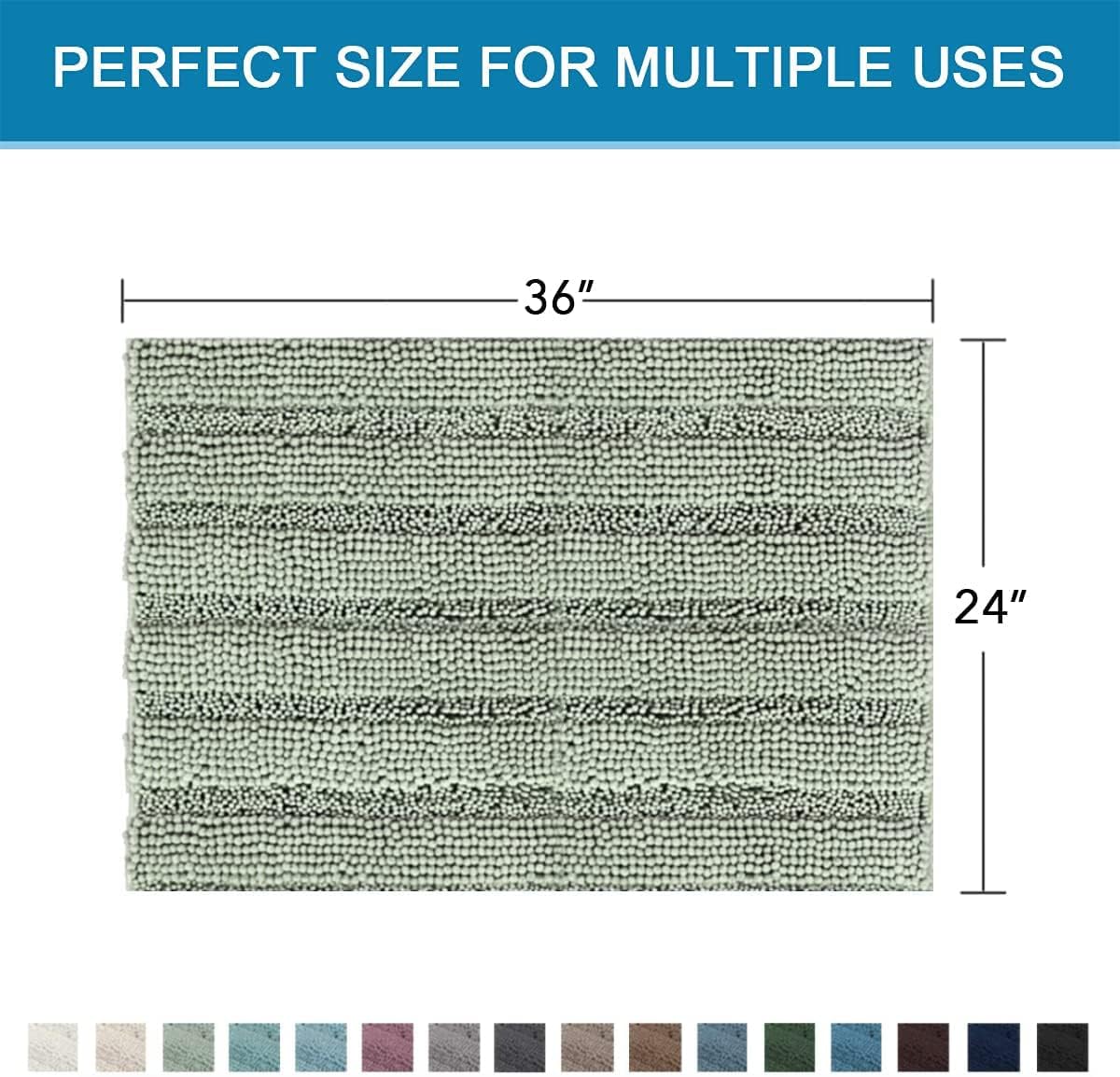 H.VERSAILTEX Bath Mats for Bathroom Non Slip Extra Thick Chenille Striped Bath Rug 24" x 36" Absorbent Non Skid Fluffy Soft Shaggy Rugs Washable Dry Fast Plush Mats for Indoor, Bath Room, Tub - Sage