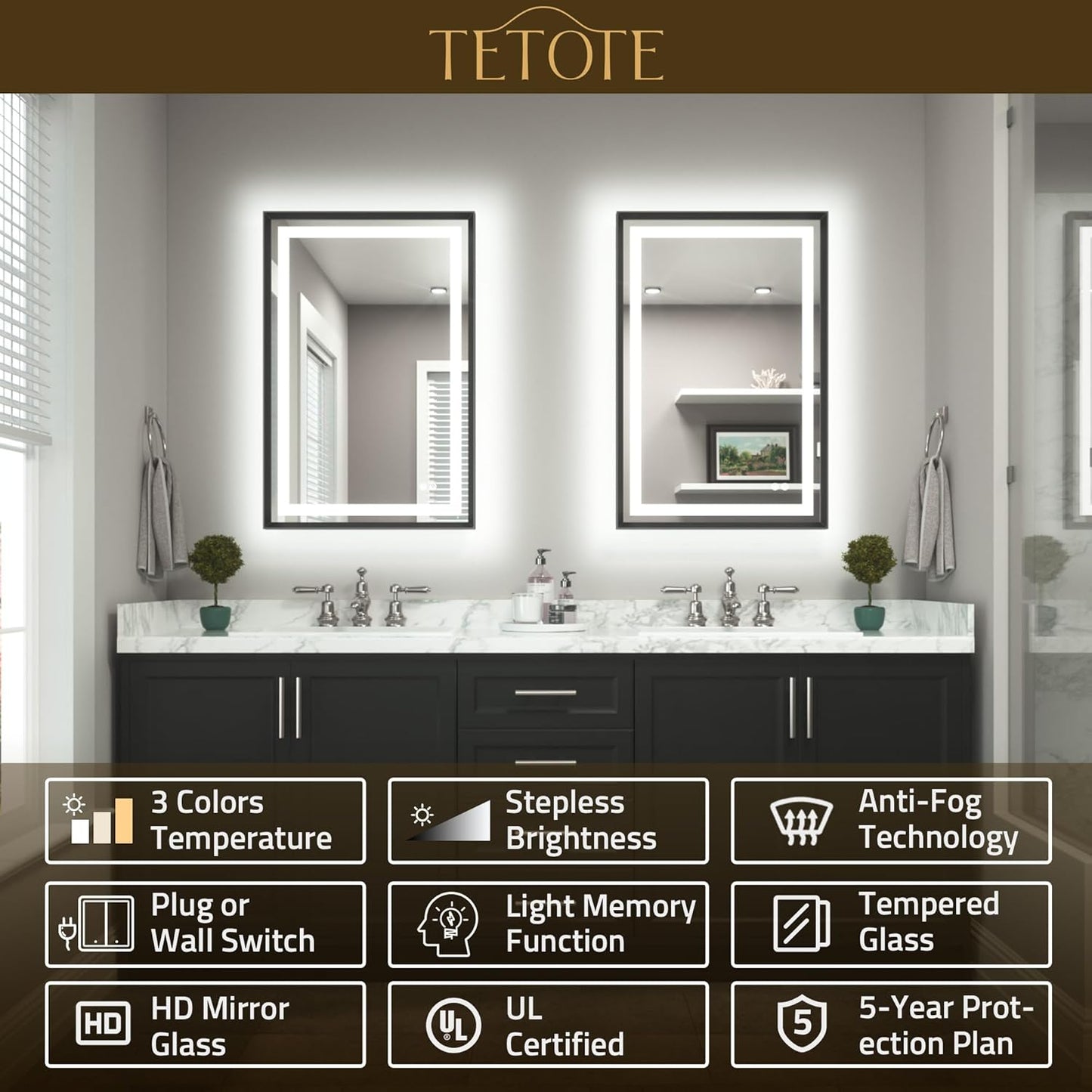 TETOTE Led Bathroom Mirror 30 x 30 with Brushed Black Frame Anti-Fog Frontlit & Backlit Vanity Mirror Stepless Dimmable Lighted Mirrors for Bathroom Wall 3 Colors White/Warm/Natural Wall-Mounted