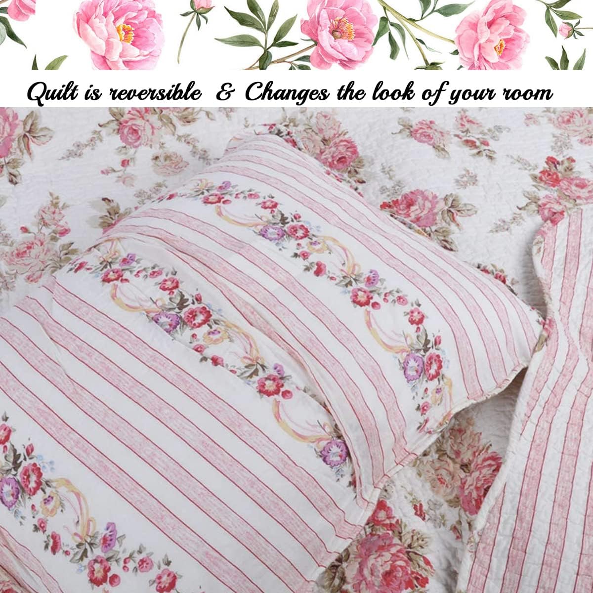 Cozy Line Home Fashions Romantic Pink Peony Floral 100% Cotton Reversible Quilt Bedding Set, Coverlet, Bedspread (Pink Peony, King - 3 Piece)