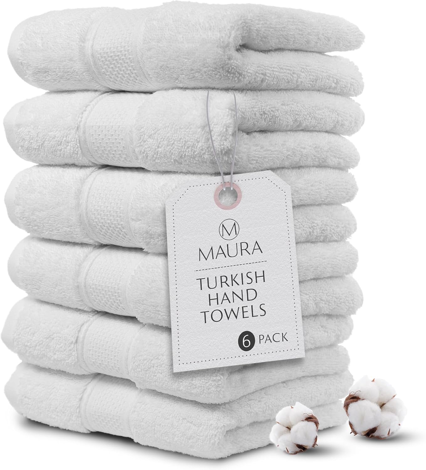 MAURA White Hand Towels for Bathroom. Luxury Turkish Cotton Bath Hand Towels Set of 6. Ultra-Soft, Thick & Plush - White