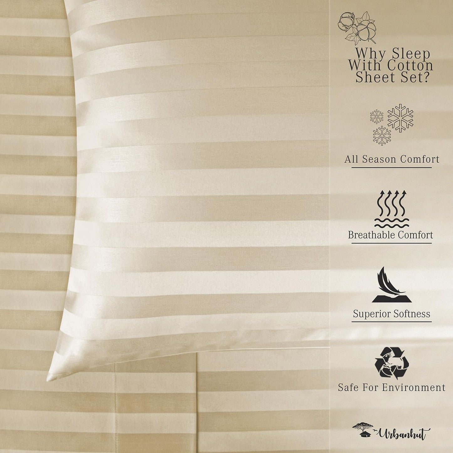 URBANHUT 1000 Thread Count Pure Cotton California King Striped Sheets Set (4 Pc) - Ultra Soft & Smooth, Thick & Crisp Sateen Weave Calking Striped Bedsheets with 16" Deep Pockets - Sand.