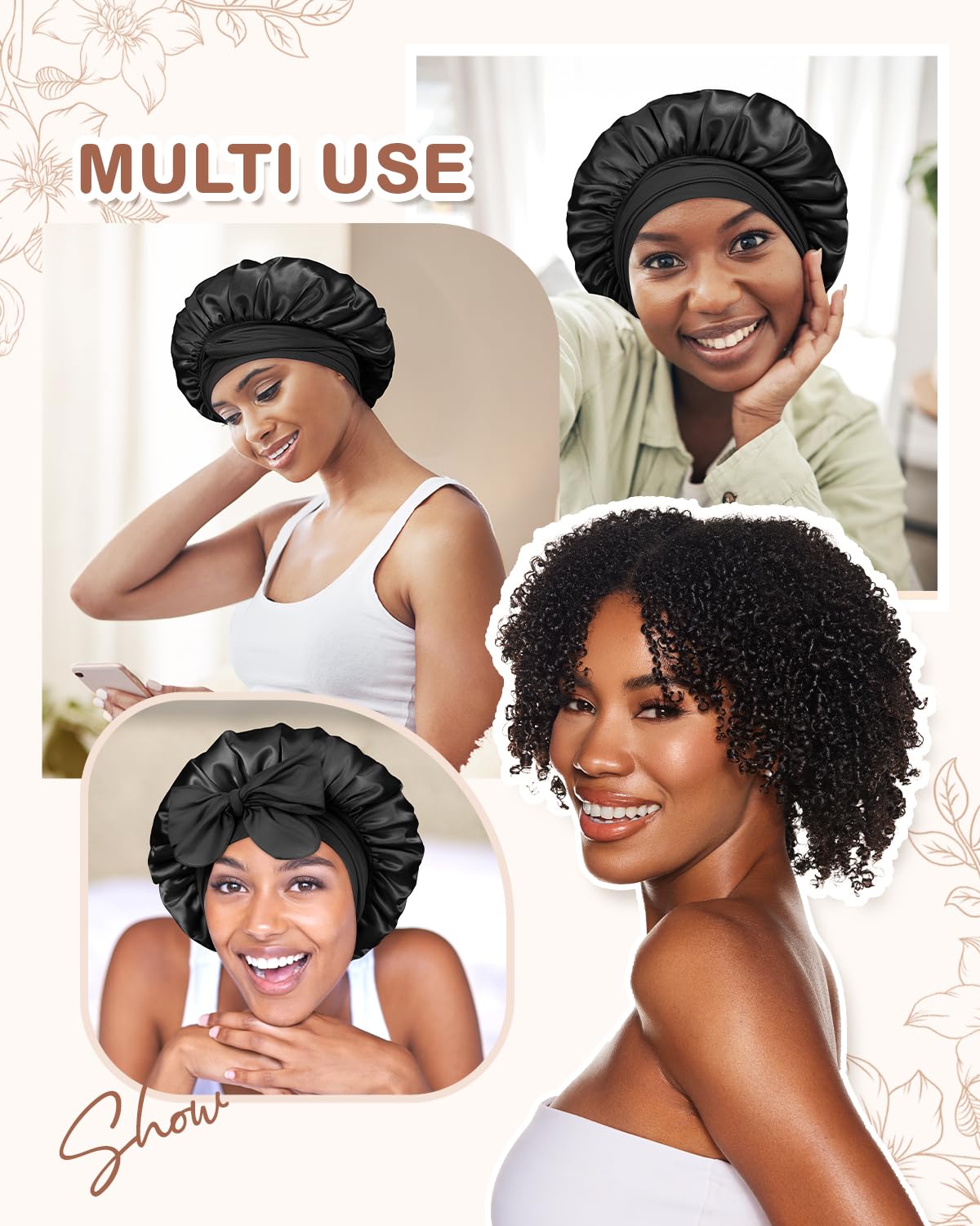 Bonnet Queen 2Pcs Pack Satin Bonnet Silk Bonnet for Sleeping Hair Bonnet with Tie Band Sleep Bonnet Night Cap for Women Curly Hair