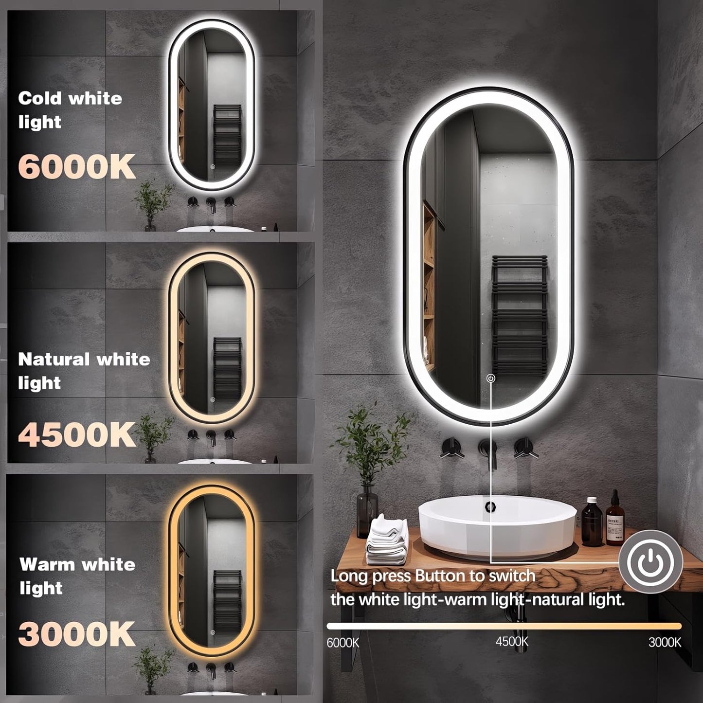 32"x20" Oval LED Bathroom Mirror with Lights, Black Anti Fog Lighted Vanity Mirror Wall Mounted, Stepless Dimmable LED Oval Mirror, Memory, ShatterProof, Front/Backlit, Horizontal/Vertical