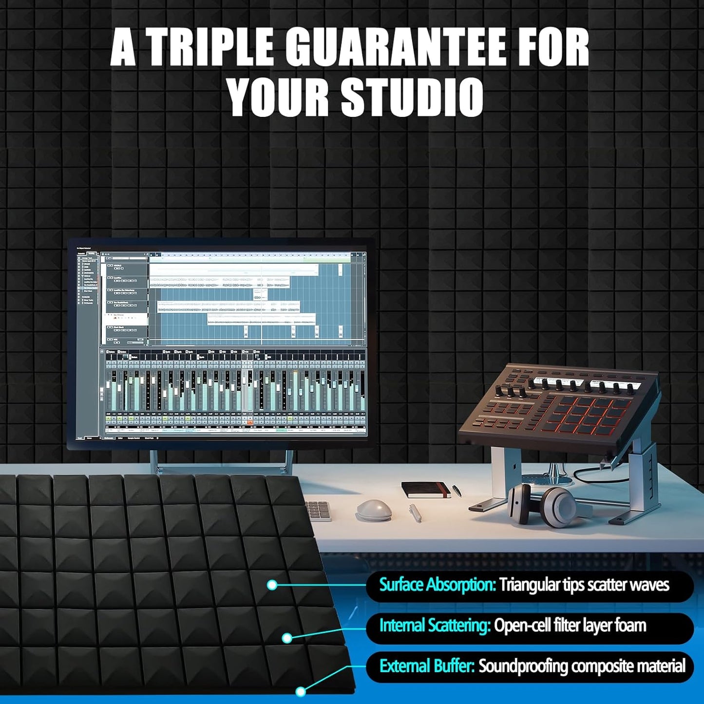 4 Pack Acoustic Panels, 48 x 24 x 2" Sound Proof Foam High Density Studio Wedge Tiles Fire Resistant Acoustic Panels for Home,Office, Recording Room, Studio (Black-4 Pack)