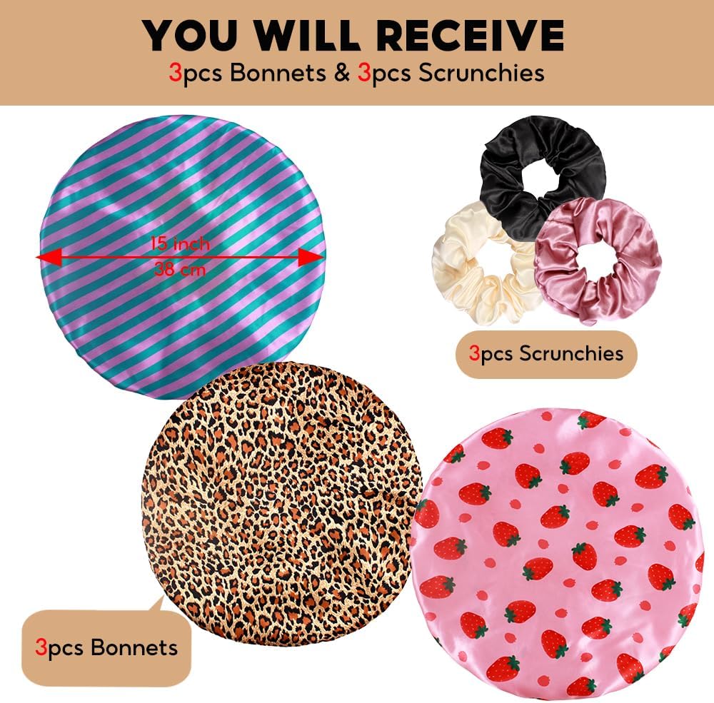 3+3 Large Satin Bonnets with Scrunchies for Women, Wide Band Hair Bonnet for Sleeping Braids Curly Hair