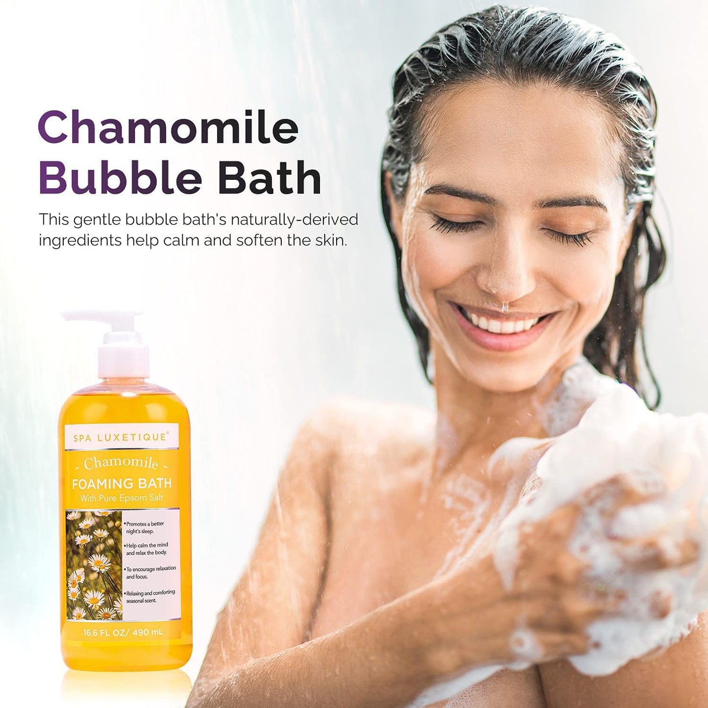 Spa Luxetique Bubble Bath, Foaming Bath with Epsom Salt, Chamomile Rose and Lavender Scent Bathing Set, 3 Pack 49.8 fl oz Christmas Gifts Set for Women and Men