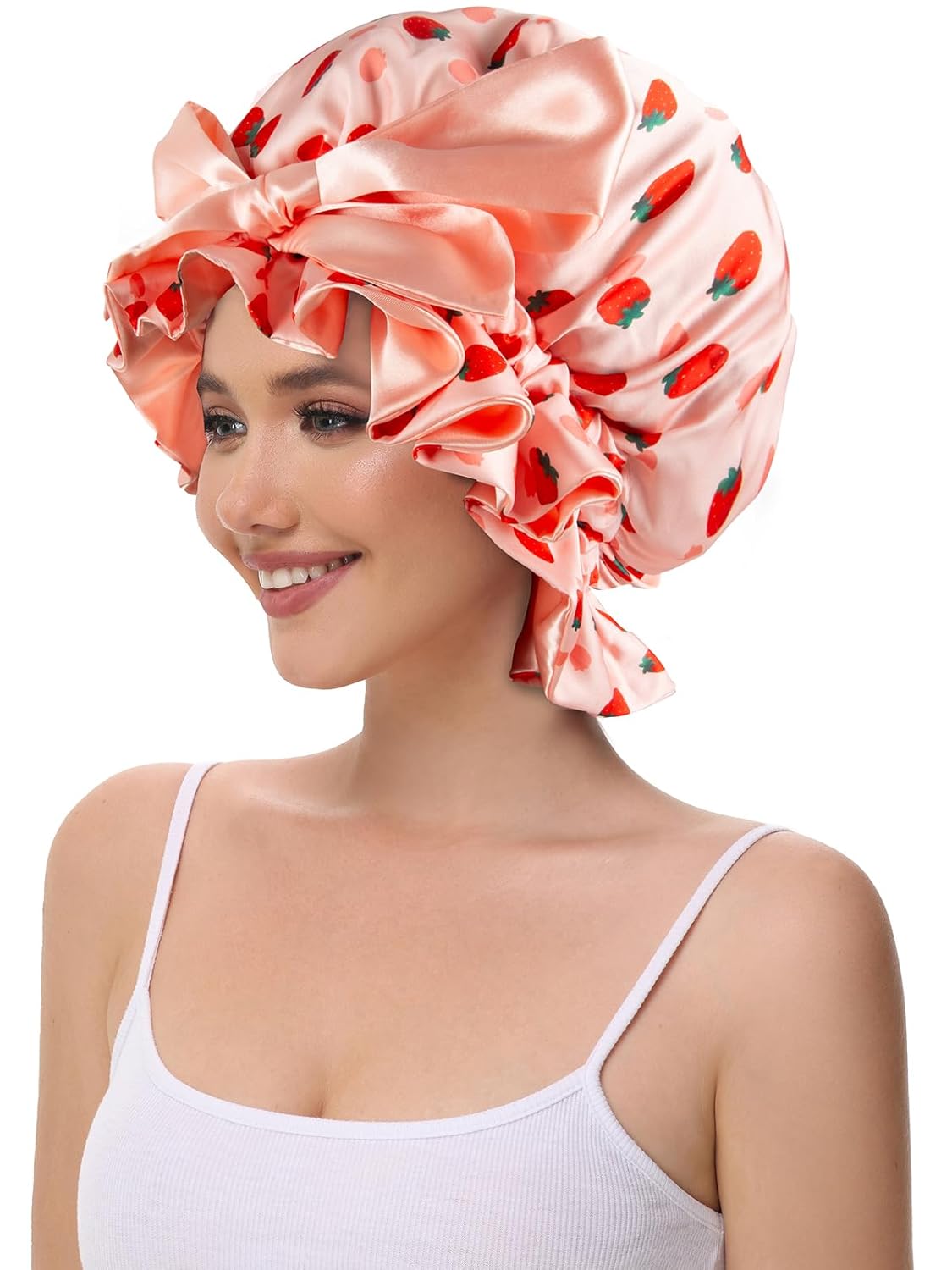 Silk Bonnet for Sleeping Women, Satin Hair Shower Cap 2025 Tie Band Adjustable Straps Head Wrap for Curly Hair Strawberries F