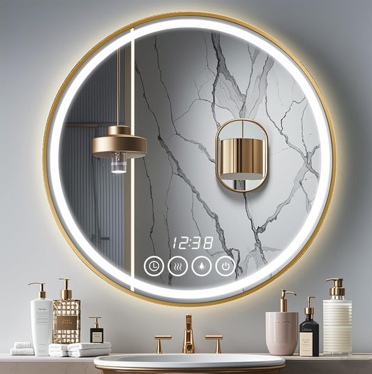 32 Inch Wall-Mounted Round Bathroom Mirror with LED-Lights - Frame Vanity Mirrors with Dimmable (32" x 32", Gold)