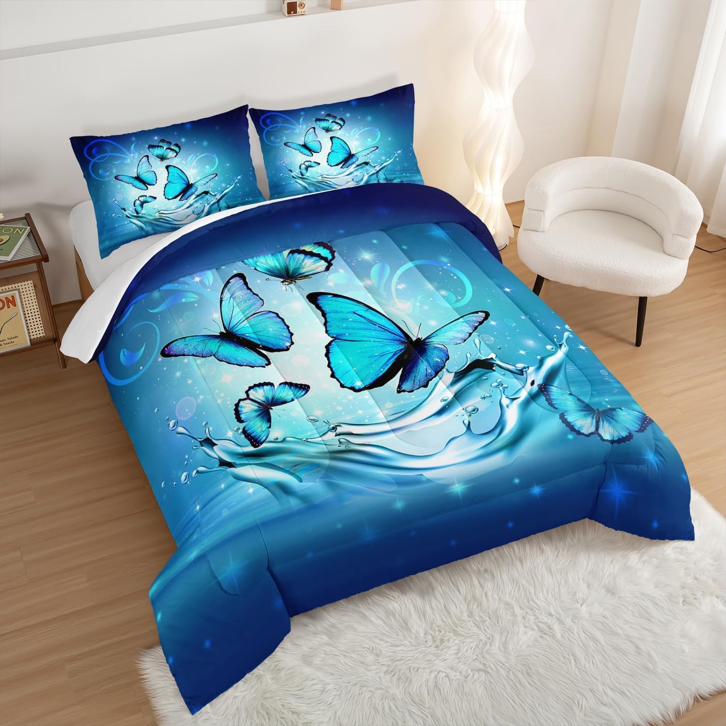 Fantasy Blue Butterfly Comforter Set Queen Size,Butterflies on Water Flash Bedding Sets 3 Pieces,Blue Series Aesthetic Bedding for Kids Girls Boys Room Decor with 2 Pillowcases.