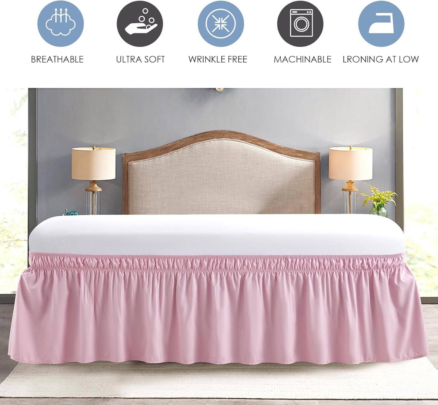 FreshCulture King Bed Skirt, Dust Ruffle for King Size Bed, Easy Fit with 15-Inch Tailored Drop, Elastic Wrap Around Bed Skirt King Size, Hotel Quality Bed Skirts for Adjustable Bed (Dusty Pink)