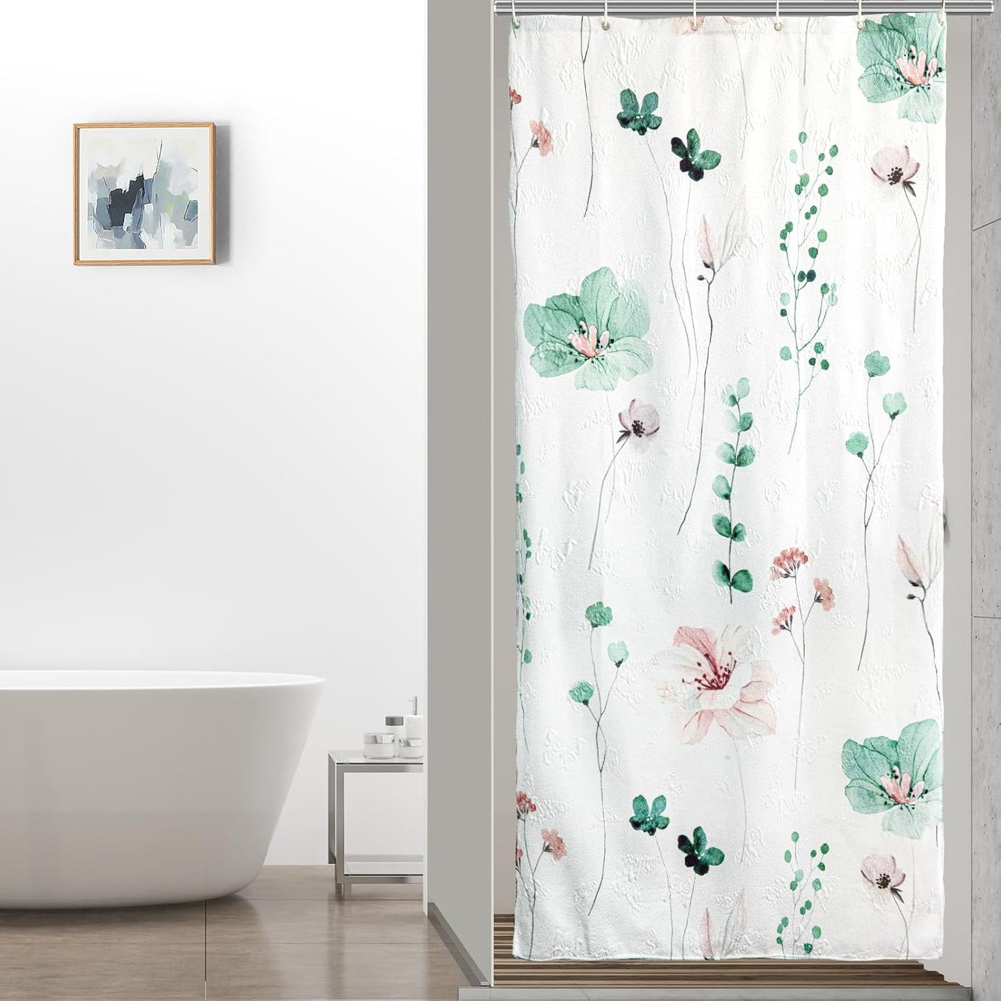 QiyI Small Stall Shower Curtain 36 x 72, Narrow Half Watercolor Floral Bath Curtain, 3D Embossed Sage Green Flower Cloth Bathroom Curtains, Waterproof Fabric White Shower Curtain Set with Hooks