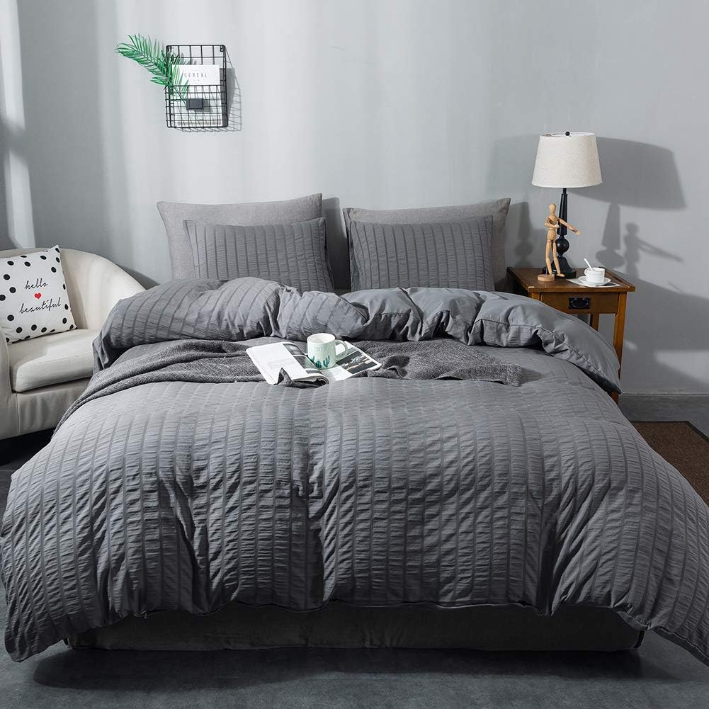 AveLom Dark Gray Duvet Cover Twin Size (68 x 90 inches)，2 Pieces (1 Duvet Cover, 1 Pillow Case) Stripe Textured Soft Washed Microfiber Grey Duvet Cover with Zipper Closure Corner Ties