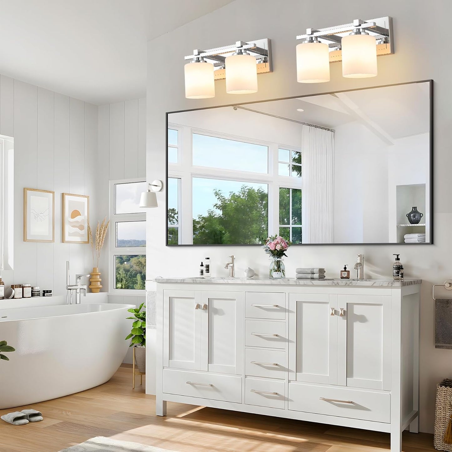 2 Light Modern Bathroom Light Fixtures Over Mirror, Chrome Vanity Lights for Bathroom Wall Sconces with Milky White Glass Shades, E26 Socket (Bulbs Not Included)