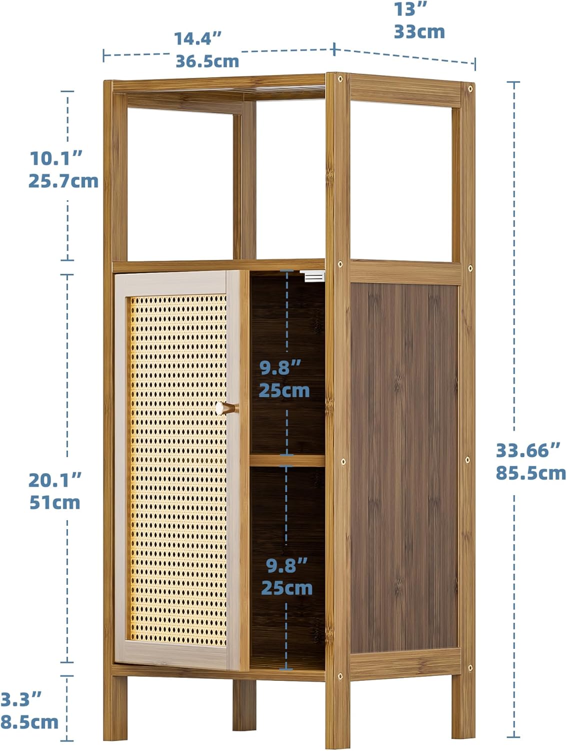 HITNET Rattan Bathroom Floor Cabinet, Bamboo Storage Cupboard with Single Door, Freestanding Small Living Room Sideboard, Space Saving Entryway Storage Unit, Walnut