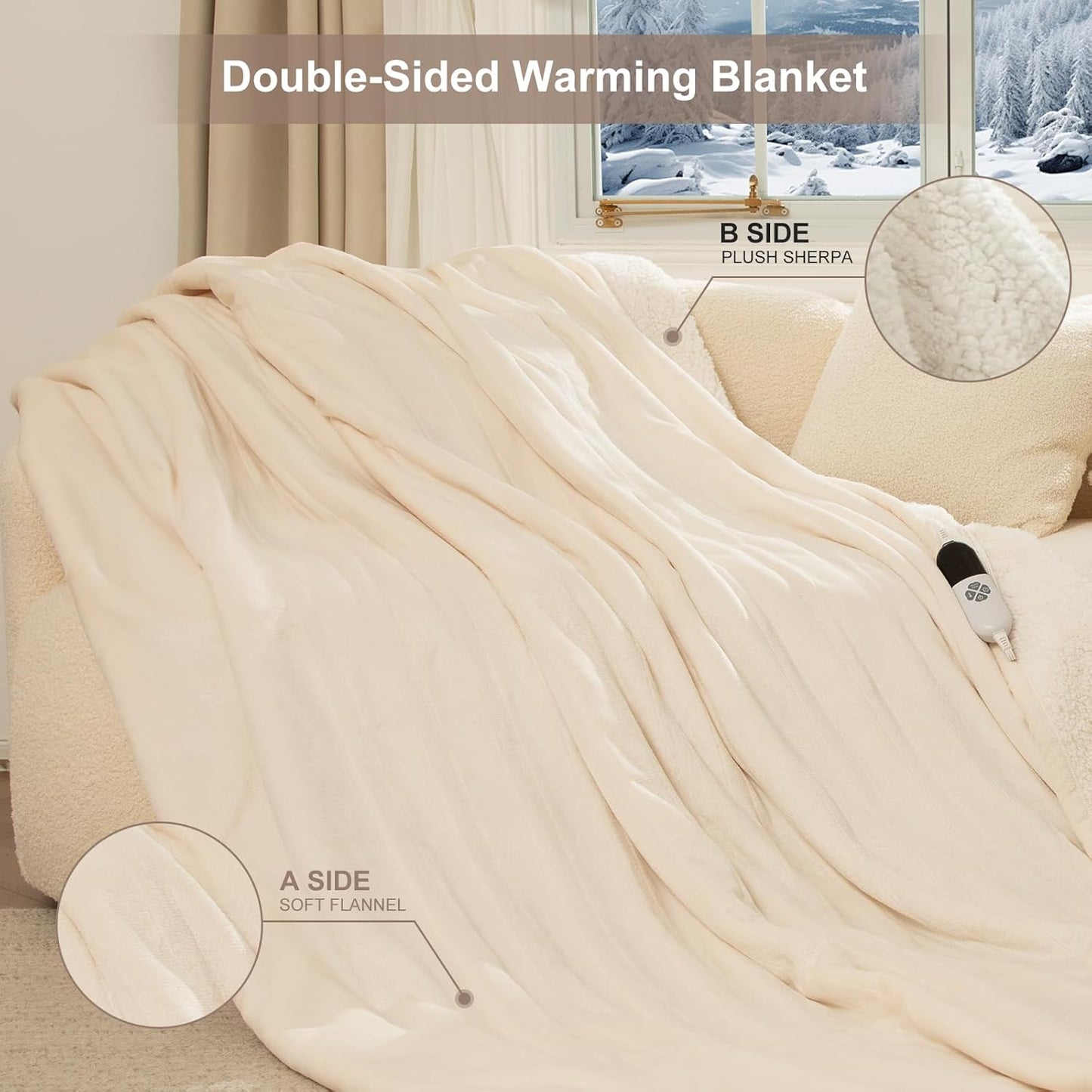 Electric Blanket Full Size 72" X 84" - Flannel Sherpa Heated Blanket with Fast Heating, 6 Heat Settings, 1-10 Hrs Timer Settings, ETL Certified Heating Blanket, Washable, White
