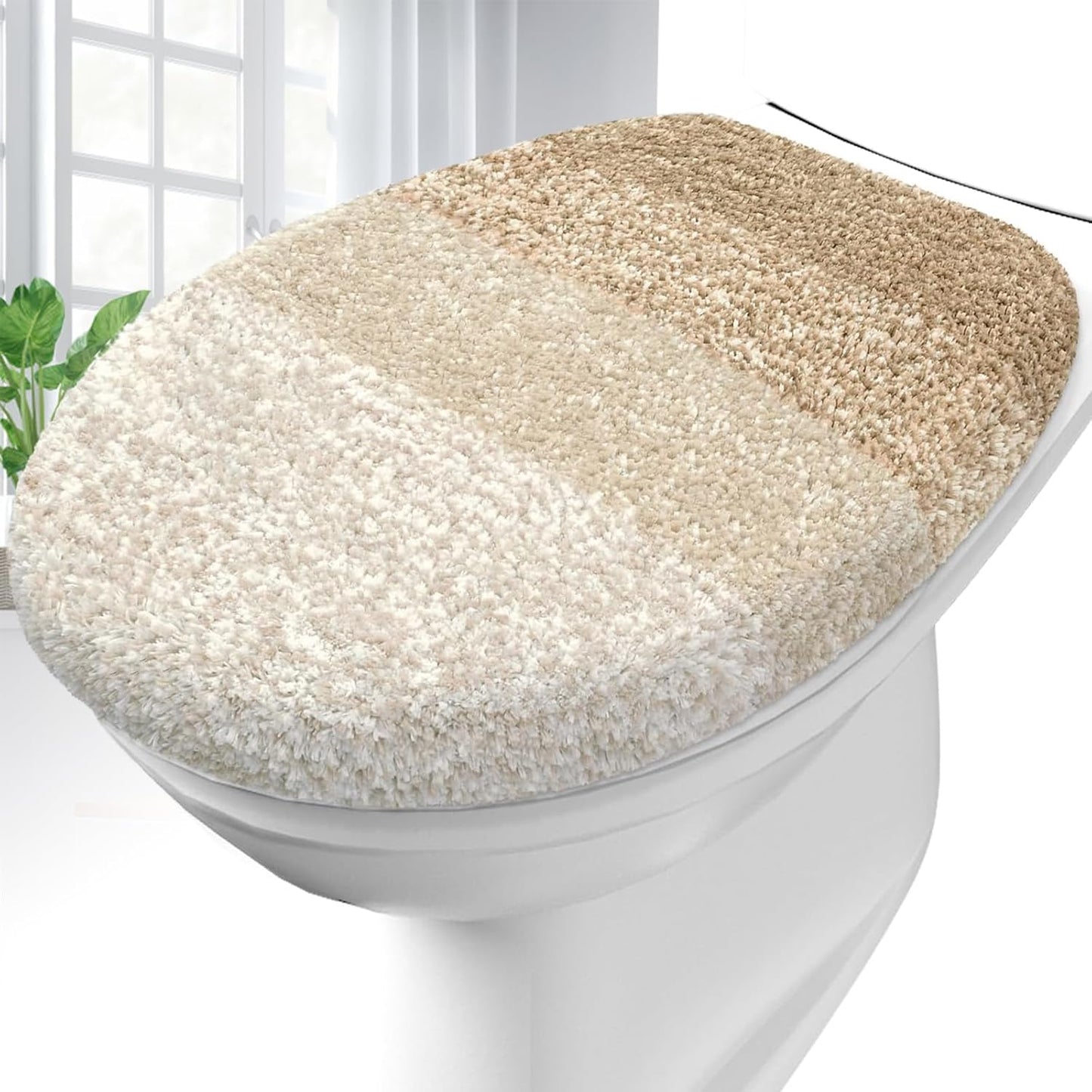 OLANLY Soft Microfiber Bathroom Toilet Lid Cover, Machine Washable Covers, 17.5x15, Stays in Place Rubber Backing, Fits Most Round, Elongated and Oblong Lids, Accessories Decor, Tan