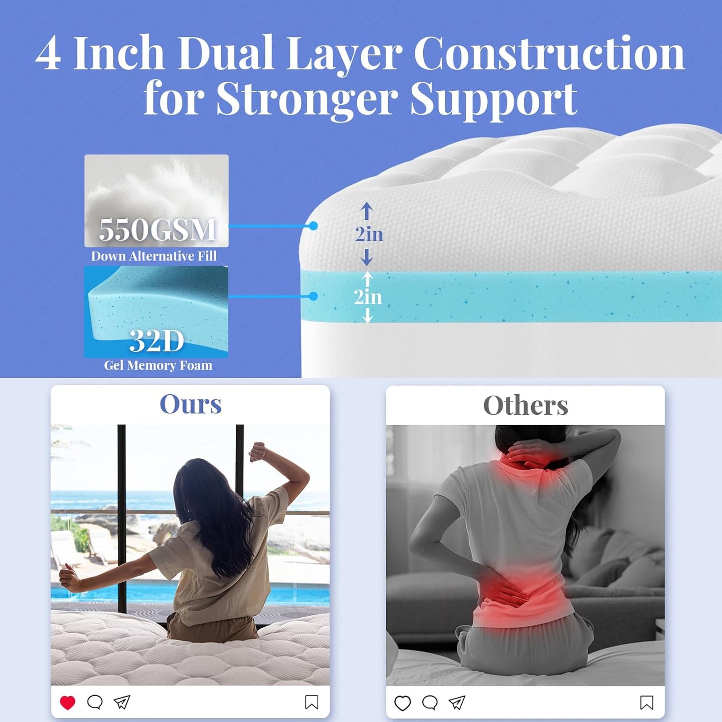 OhGeni Cooling 4 inch Dual Layer Full Mattress Topper, 2 inch Cooling Gel Memory Foam, 2 inch Down Alternative Pillow Top Pad, Mattresses Cover for Bed, Medium Support, Fits 6”-19” Deep Pocket