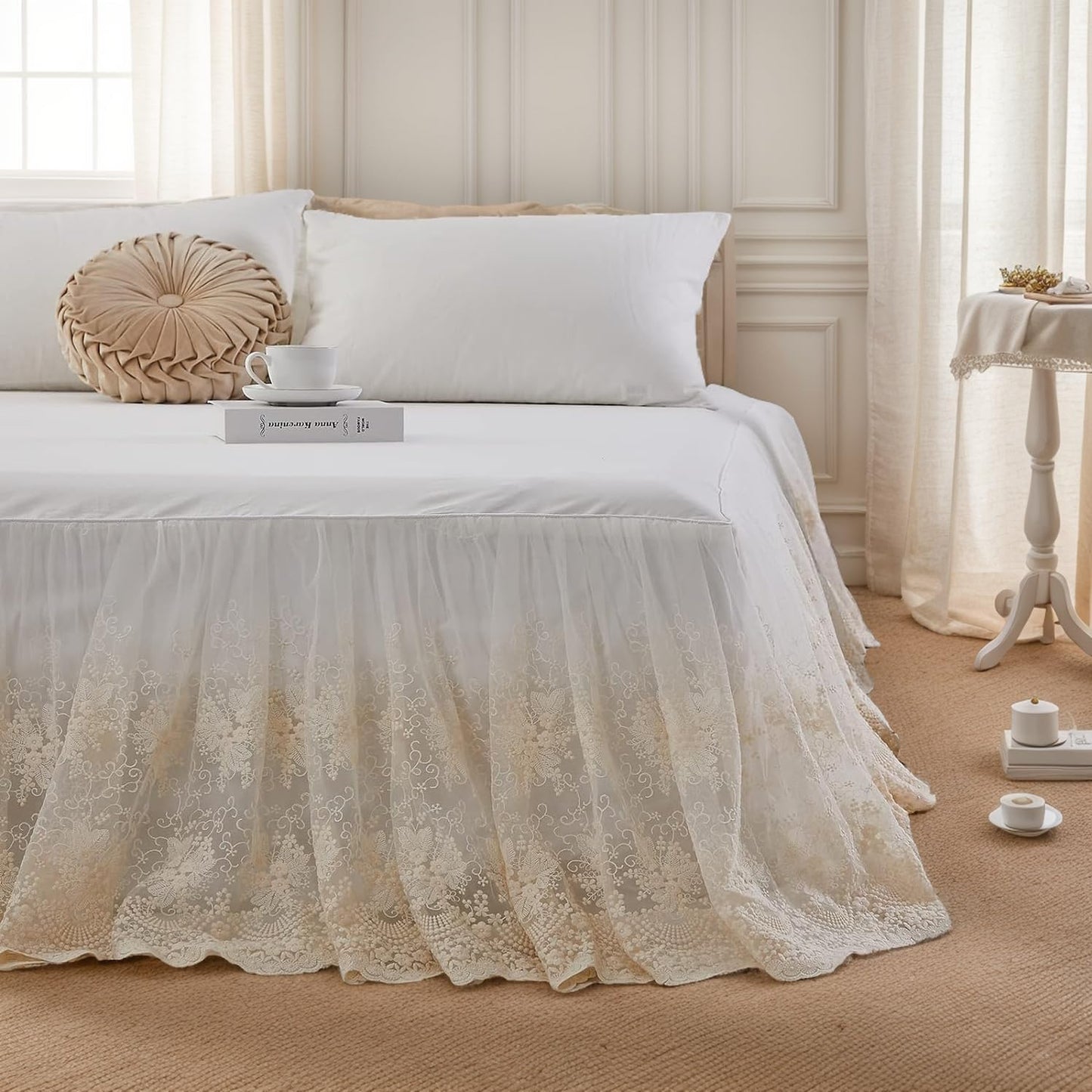Brandream Lace Bed Skirt Queen Size Cream White 18 Inch Drop Romantic Dust Ruffle Split Corners Bed Sheets Cover Excellent Quality