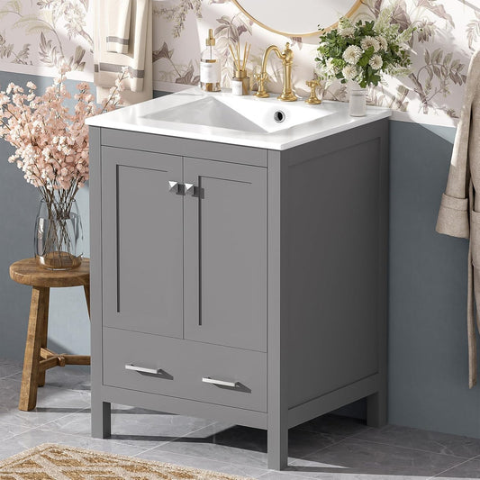 24" Bathroom Vanity with Sink Combo Set, Solid Wood Frame Bathroom Storage Cabinet with 2 Drawers and 1 Drawer, Double-layer Door Shelf, Soft Closing Cabinet Door with Organizer,Grey
