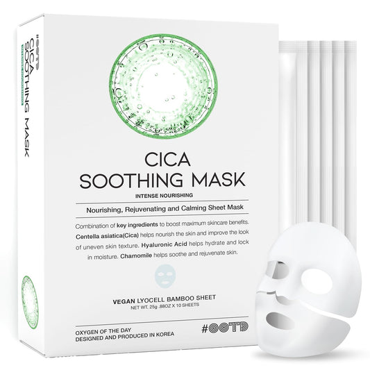 #OOTD Cica Calming Mask for Face Sensitive Irritated Skin, Soothing, Moisturizing, Korean Anti Aging Face Mask, Eve Vegan, Chamomile, Hyaluronic Acid 10EA