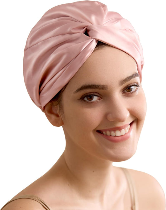 100% Mulberry Silk Bonnet, 22 Momme Adjustable Double-Layer Hair Bonnet for Sleeping Women, Soft Sleep Cap for Curly Hair & Anti-Frizz Protection Pink