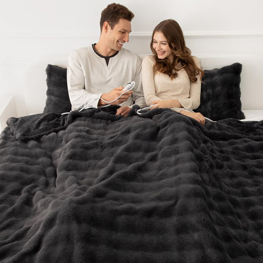 Faux Rabbit Fur Bubble King Size Heated Blanket Dark Grey - Fluffy Thick Electric Blanket with Dual Control, 6 Heating Levels & 10 Timer Settings, ETL Certified, Home Decor (100" x 90")
