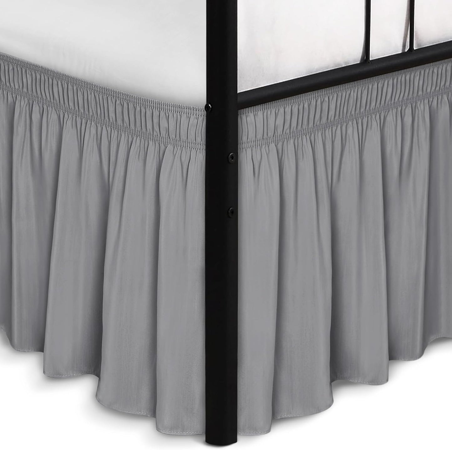 Biscaynebay Wrap Around Bed Skirts with Split Corners for Queen Beds 16" Drop, Silver Grey Elastic Dust Ruffles Adjustable Easy Fit Wrinkle & Fade Resistant Silky Luxurious Fabric Machine Washable