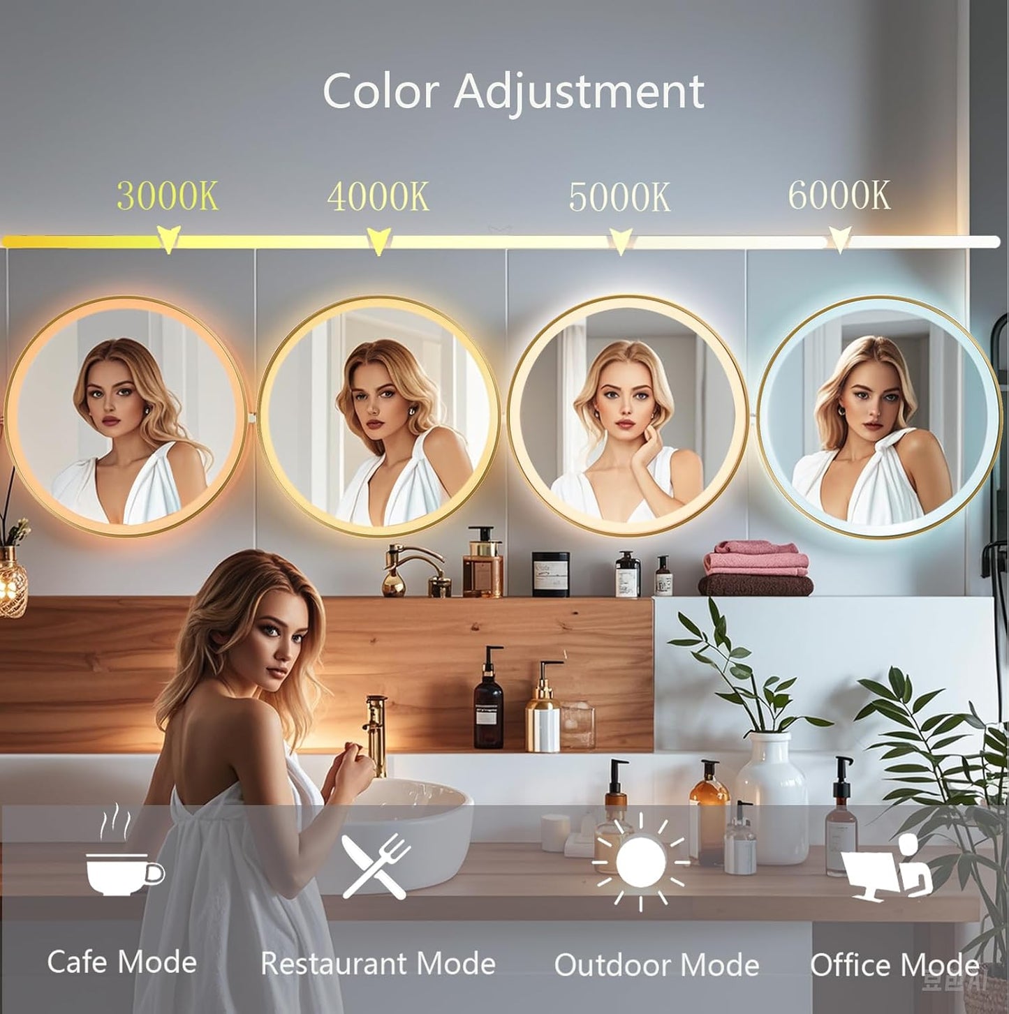 24 Inch Wall-Mounted Round Bathroom Mirror with LED-Lights - Frame Vanity Mirrors (24" x 24", Gold)