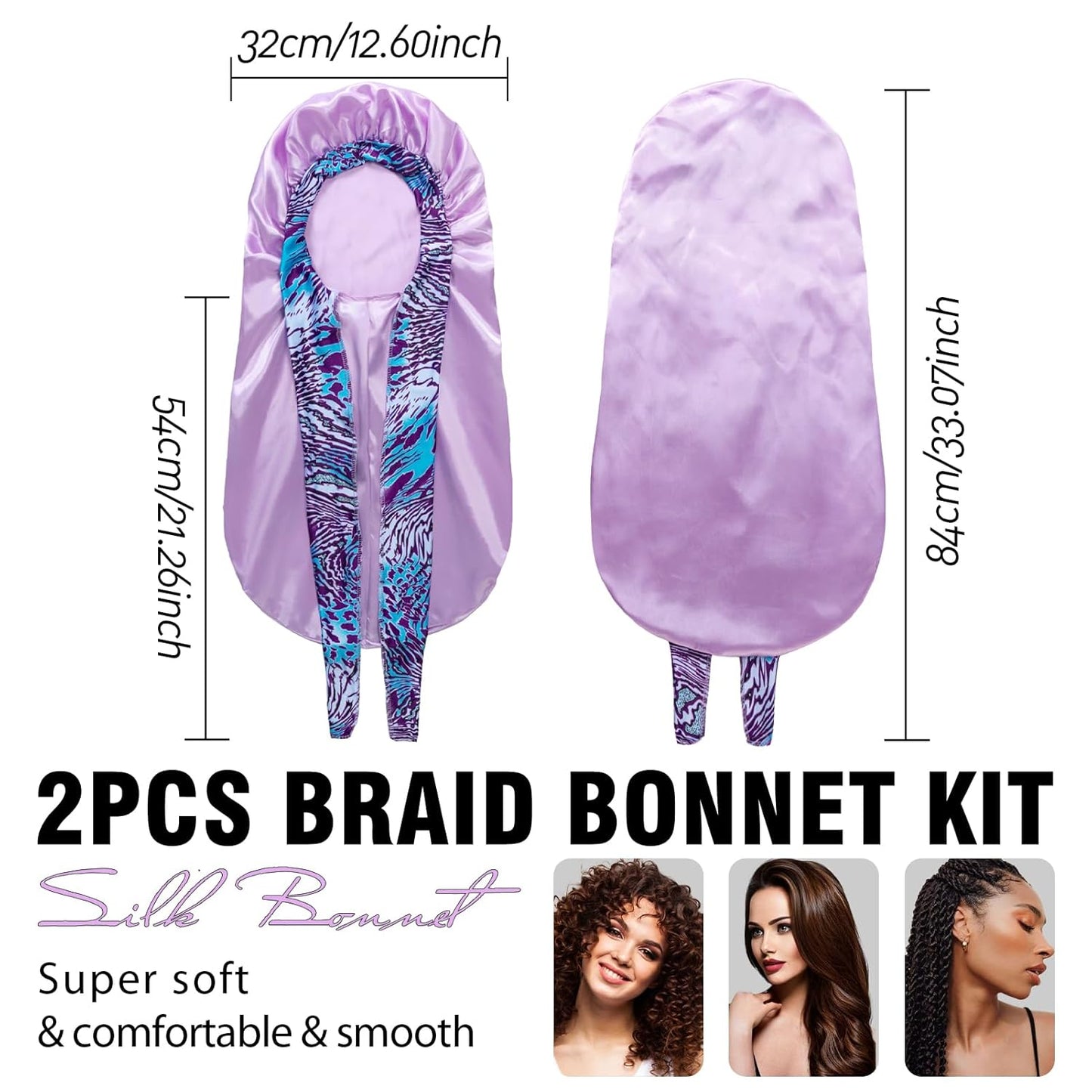 2Pcs Bonnets for Black Women Braid Bonnet, Large Long Satin Silk Bonnet for Braids,Black Women Braid Bonnet with Stretchy Tie Band for Sleeping Extra Long (Black&Light Purple Pattern