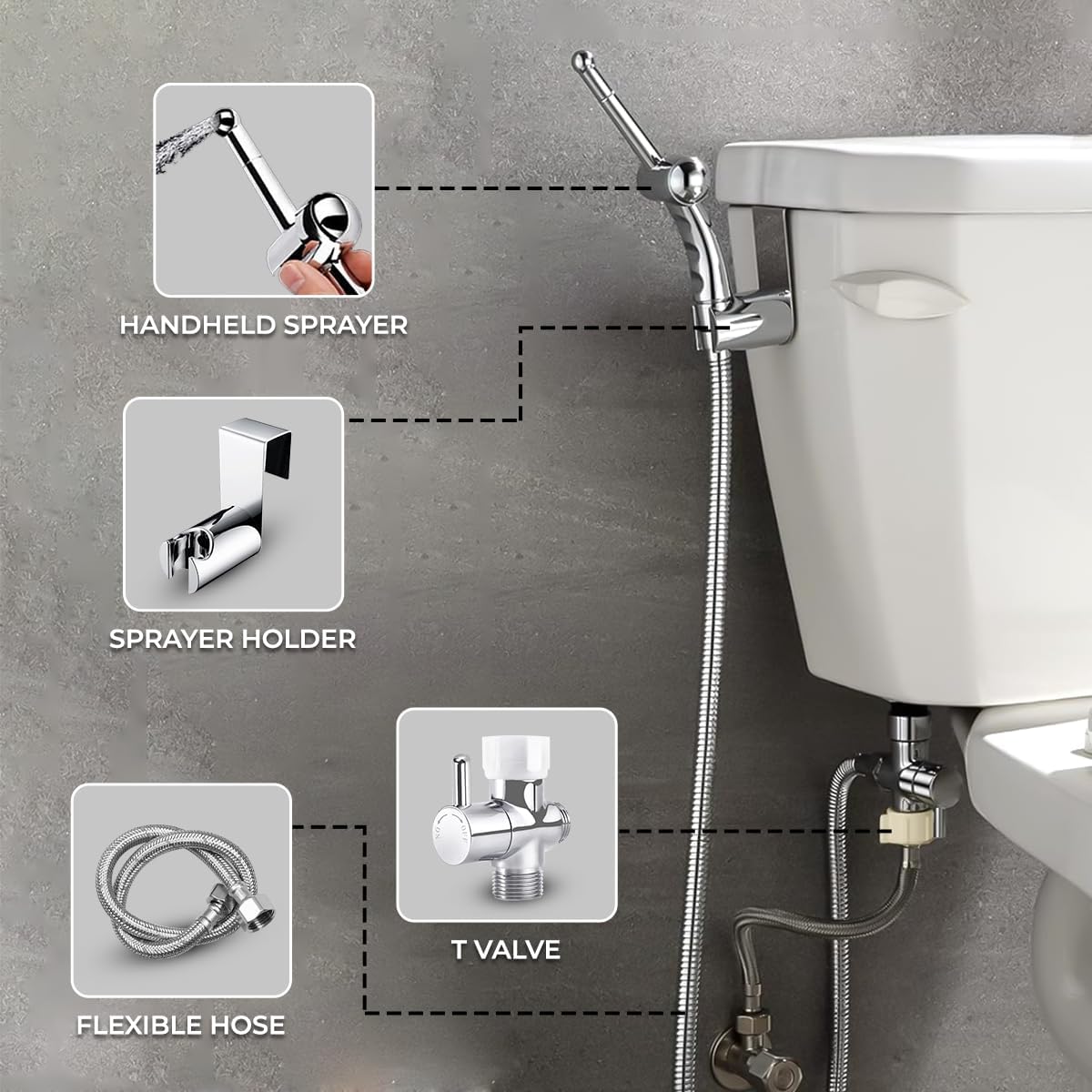 GenieBidet Sparkle Hand Held Bidet Sprayer - Includes Hybrid T Adapter & Stainless Steel Toilet Hose & Precision Knob/w Solid Brass Valve