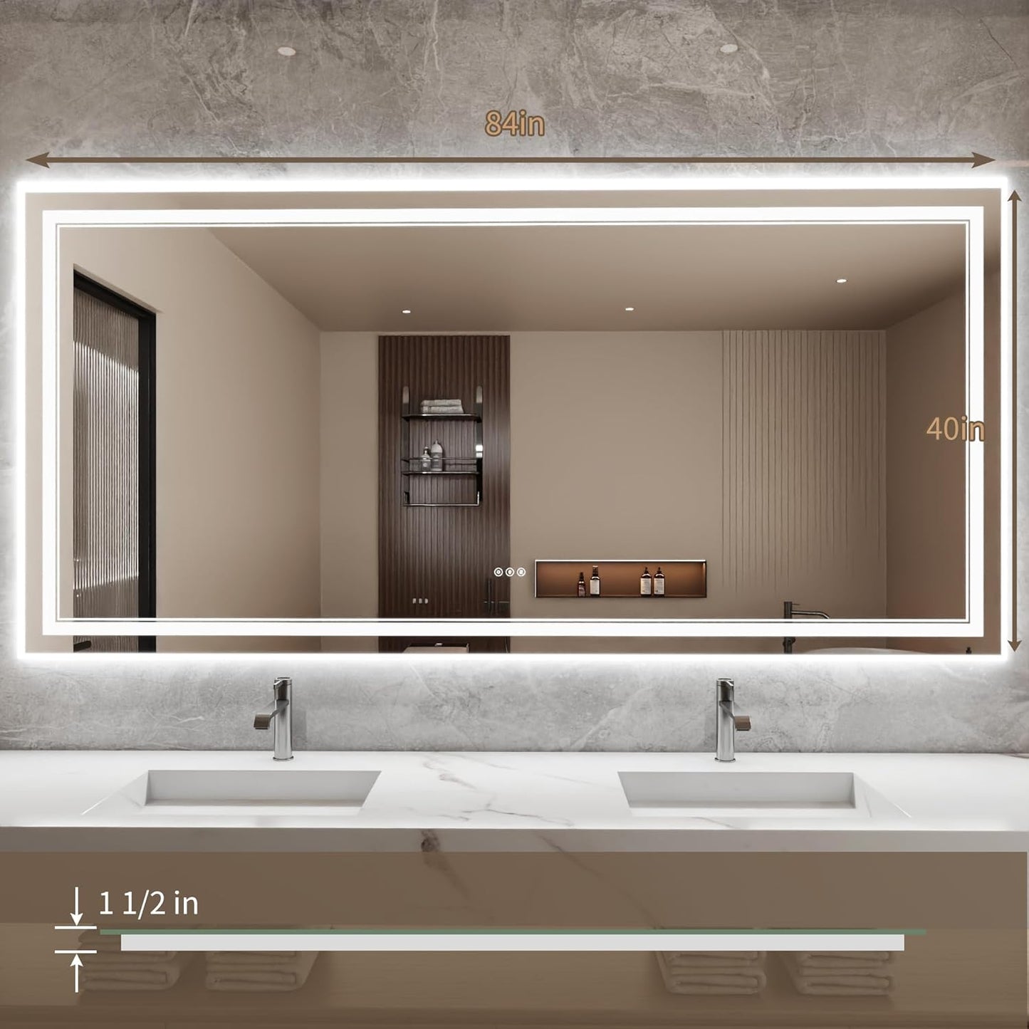 Bathroom Mirror with Lights 40"X84" with Front Light and Backlit, Tempered Glass, Wall Mount Horizontal/Vertical, Stepless Dimmable, 3 Colors, Anti Fog, Bathroom Memory LED Mirror