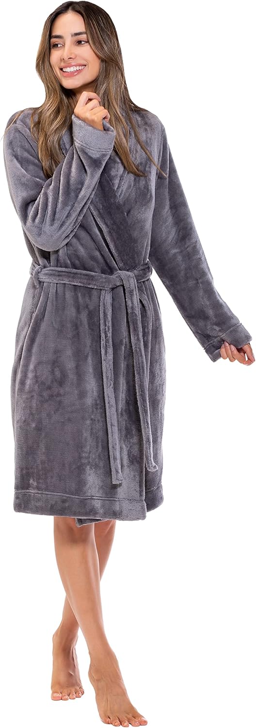 Turquaz Robes For Women, Womens Fleece Shawl Collar Soft Plush Knee Length Spa Robe