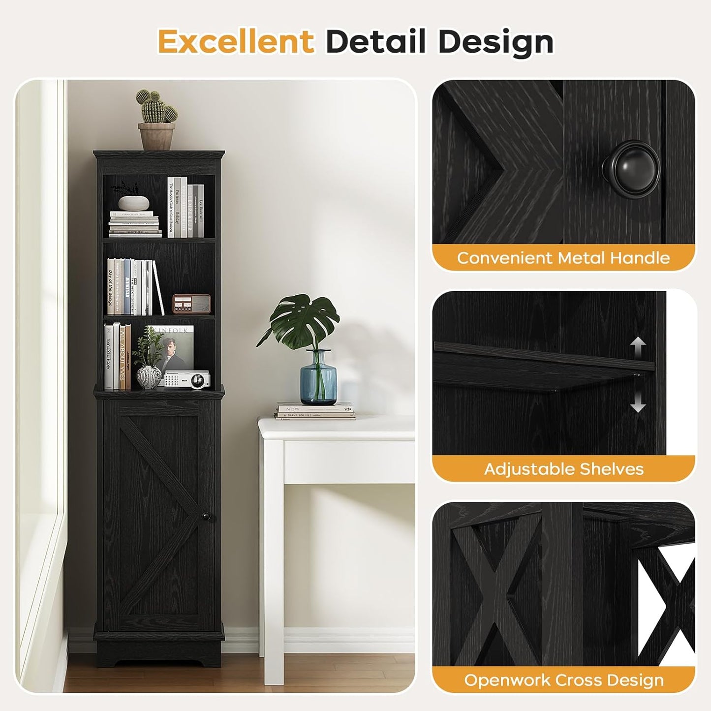 Tall Bathroom Storage Cabinet with Door and Open Adjustable Shelves, 60.9" H Wooden Tower Corner Narrow Farmhouse Cabinet, Freestanding Organizer for Kitchen, Entryway Black