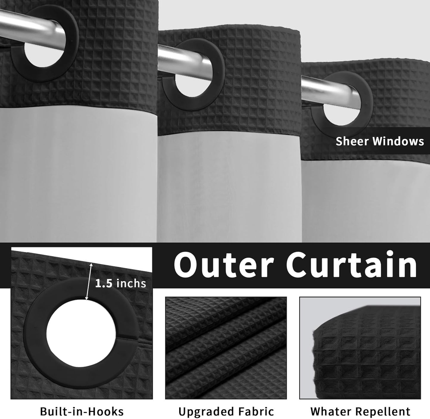 YellyHommy No Hook Shower Curtain and Liner Set Less Time Black Waffle Cotton Hotel Shower Curtain with Snap in Liner 72" Wx 75" L