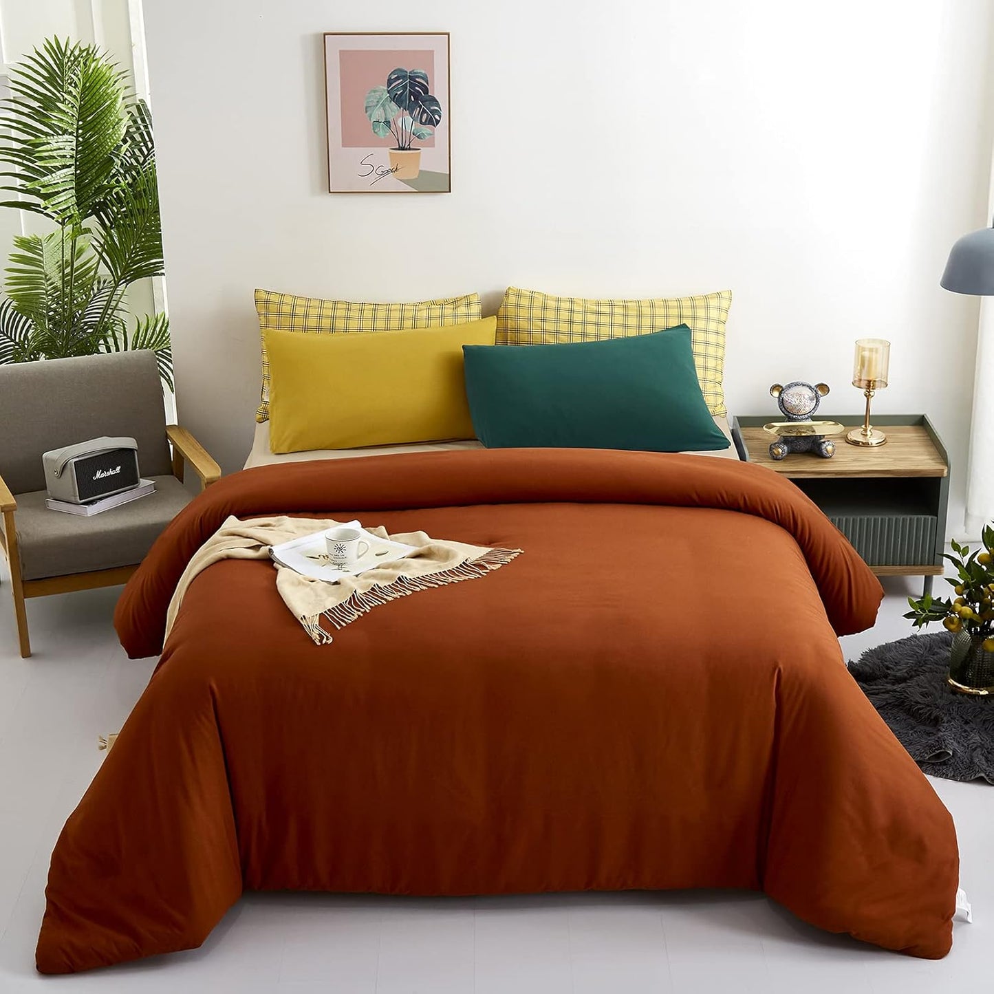 Cottonight Burnt Orange Comforter Set - Full Rust Caramel Bedding - Match Color Solid Cotton Reddish Terracotta Blanket Quilts - Soft Breathable Modern Comforter Set for Women, Men, Adults, Kids