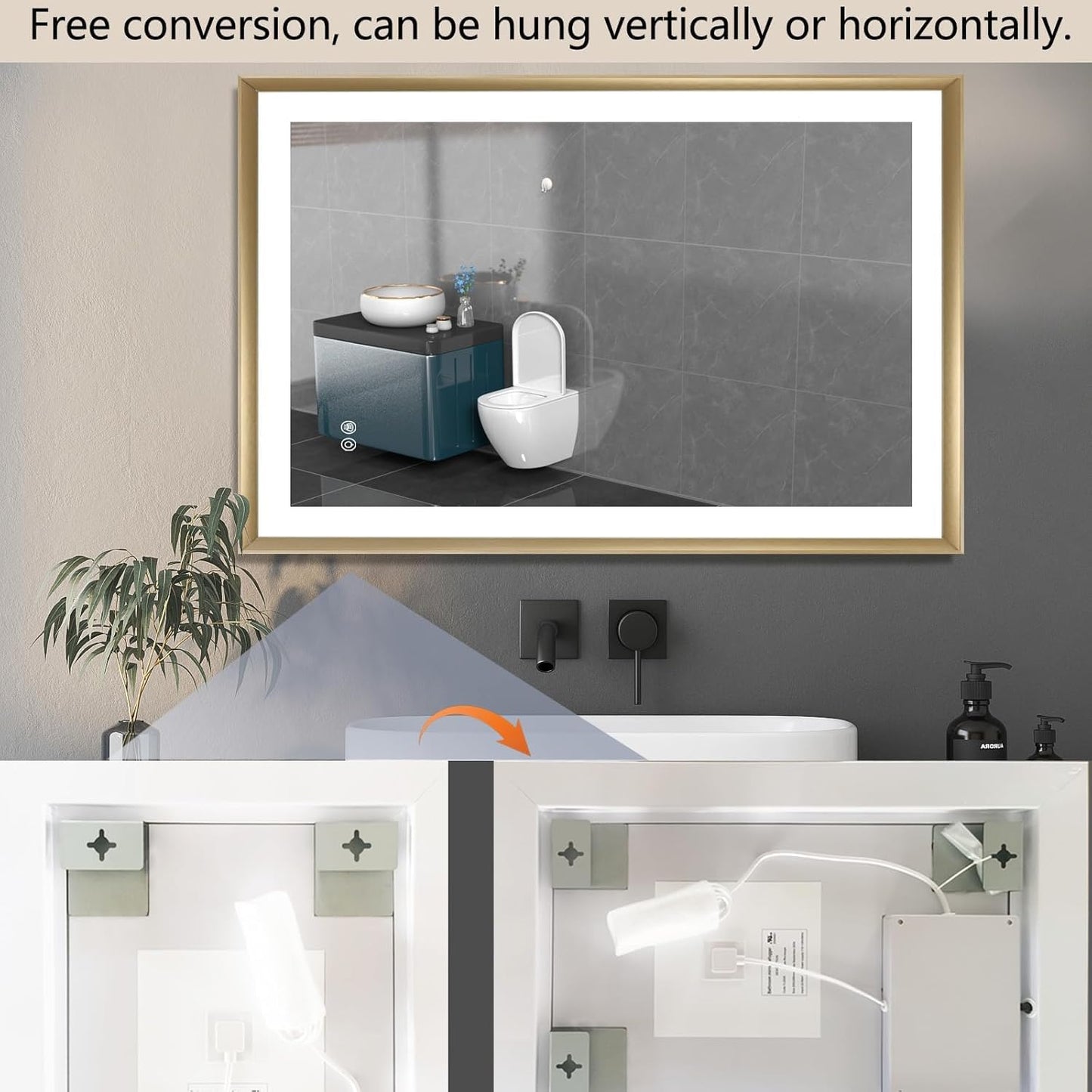 24 x 36 Gold Bathroom LED Mirror – Frontlit & Backlit Vanity Mirror with Antifog & Shatter Proof Tempered Glass, Aluminium Frame Bathroom Mirror, Comes with 3 Colour Lights Option (Gold, 24 * 36)