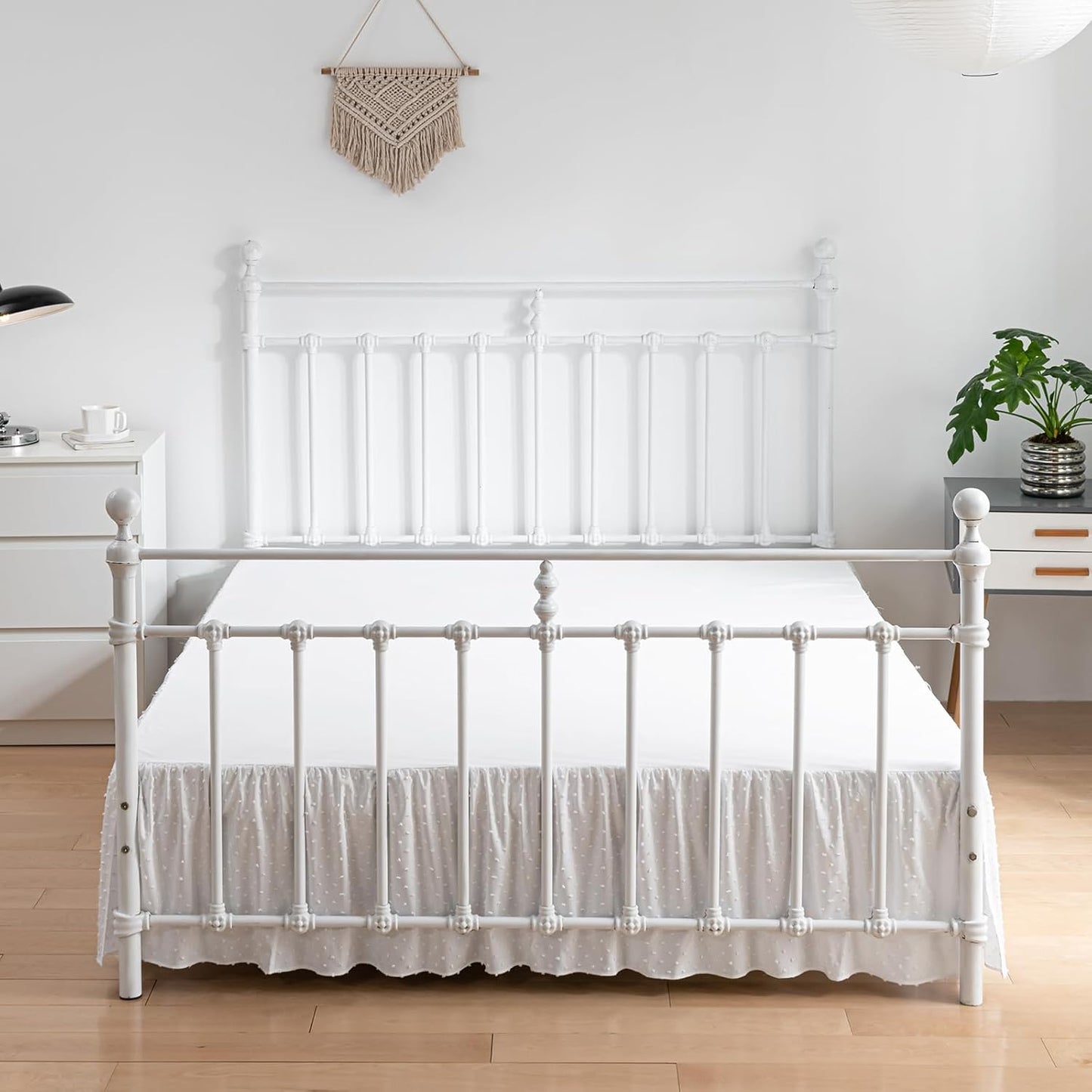 Tufted Dot Bed Skirt Full Size Ruffled Bed Skirt with Split Corners, 16 Inch Drop Dust Ruffle Bed Skirts with Platform, White
