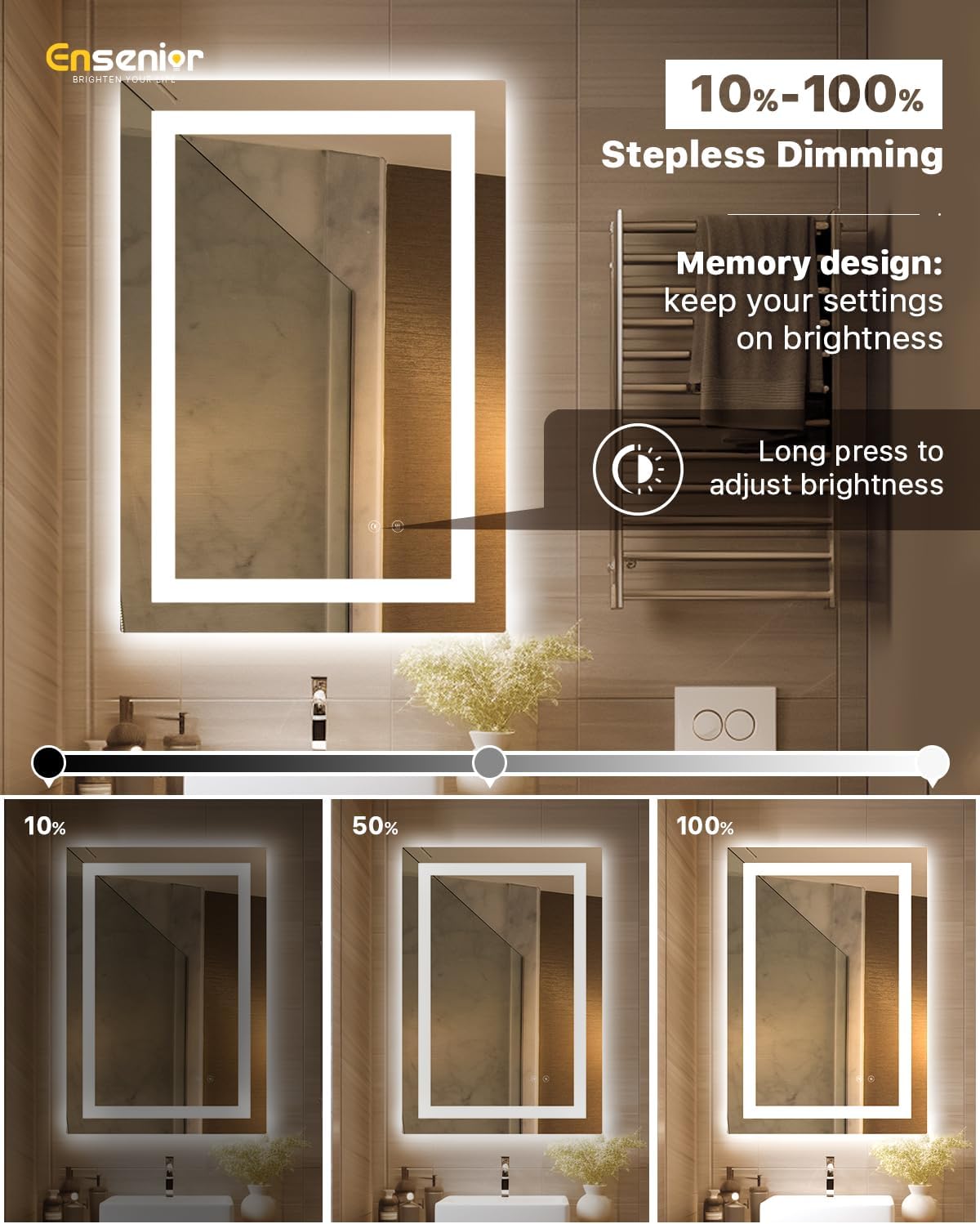 Ensenior LED Bathroom Mirror 24"x 32" with Front and Backlight, Stepless Dimmable Wall Mirrors with Anti-Fog, Shatter-Proof, Memory, 3 Colors, Modern LED Vanity Mirror-ETL & FCC
