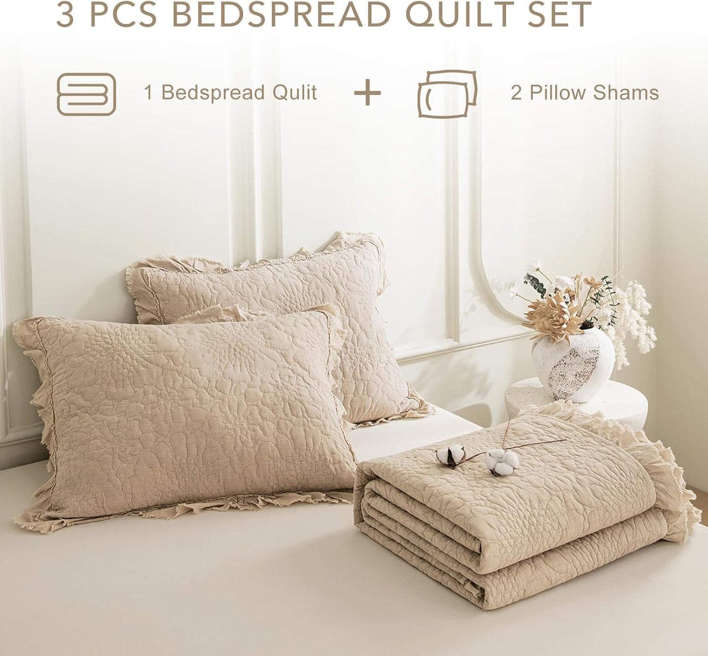 QSH 3PCs Dark Wheat Oversized King Quilt Bedspread Set(120"x120"),Stonewashed Cotton Ruffled Quilt California King,Ultra Soft Lightweight Crinkled Shabby Bedspread Coverlet Bedding Set for All Seasons
