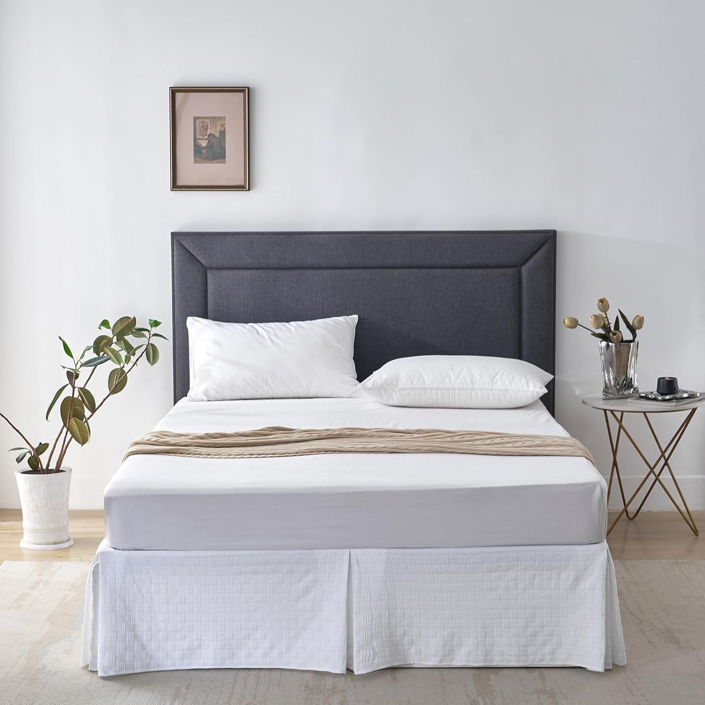Queen Size Bed Skirt, Pleated Knitted Jacquard Waffle Weave Striped Bed Skirt, Tailored Dust Ruffle 18 Inch Drop Easy Fit, Machine Washable (White, Queen - 18" Drop)