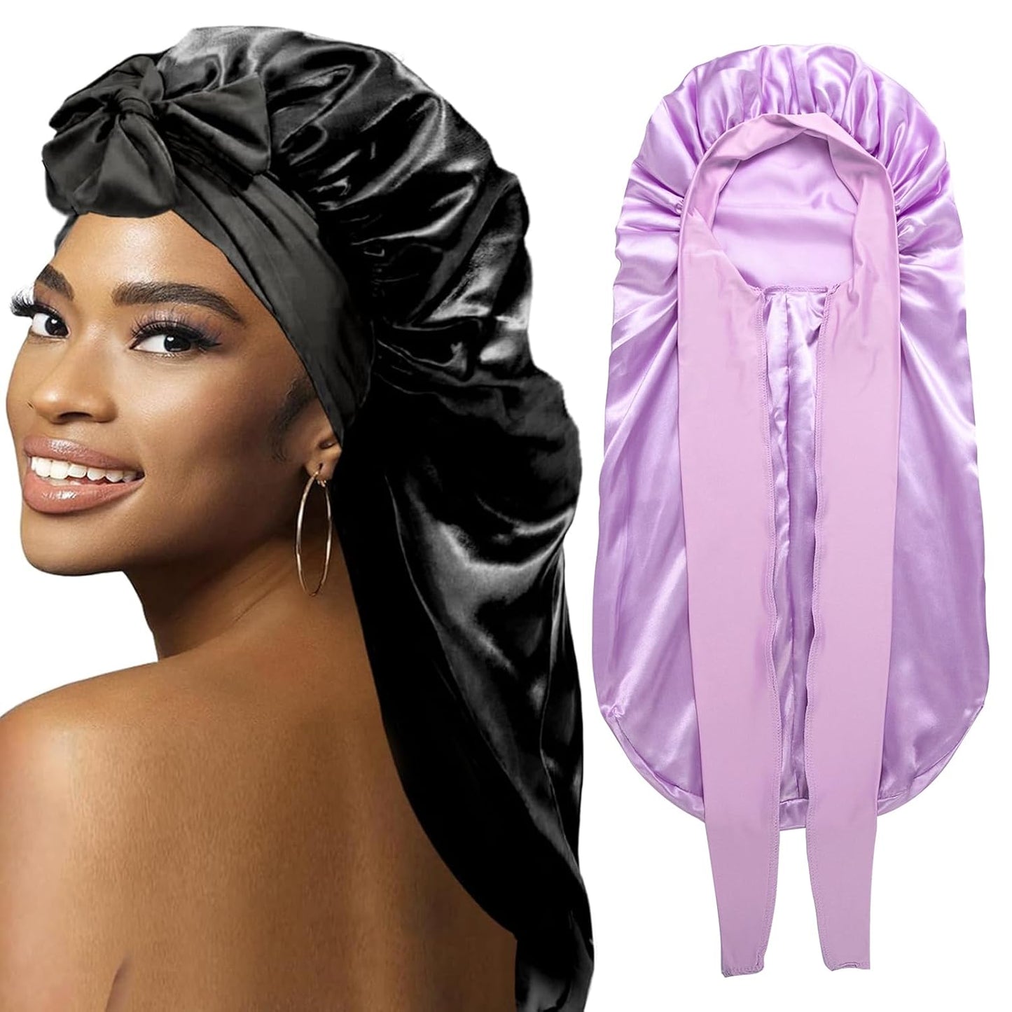 2Pcs Bonnets for Black Women Braid Bonnet, Large Long Satin Bonnet for Braids, Silk Bonnet with Stretchy Tie Band Sleep Cap Hair (2Pcs-Black&Purple)