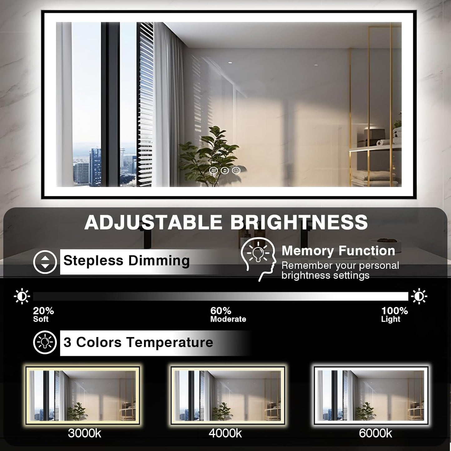 72x40 Large LED Bathroom Mirror with Lights -Black Aluminum Rimmed (Front and Backlit),Fogless Mirror with Lights,Stepless Dimmable Lighted Mirror,3 Colors Smart Mirror(Horizontal/Vertical)