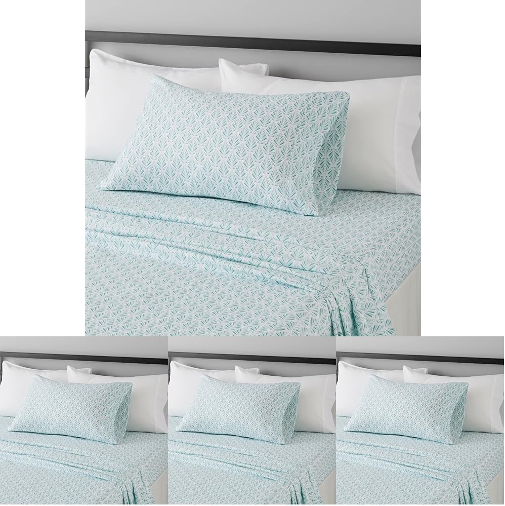 Amazon Basics Lightweight Super Soft Easy Care Wrinkle Free Microfiber 3 Piece Bed Sheet Set with 14-Inch Deep Pockets, Twin, Aqua Fern, Floral, Kids, Men & Women Bedding (Pack of 4)