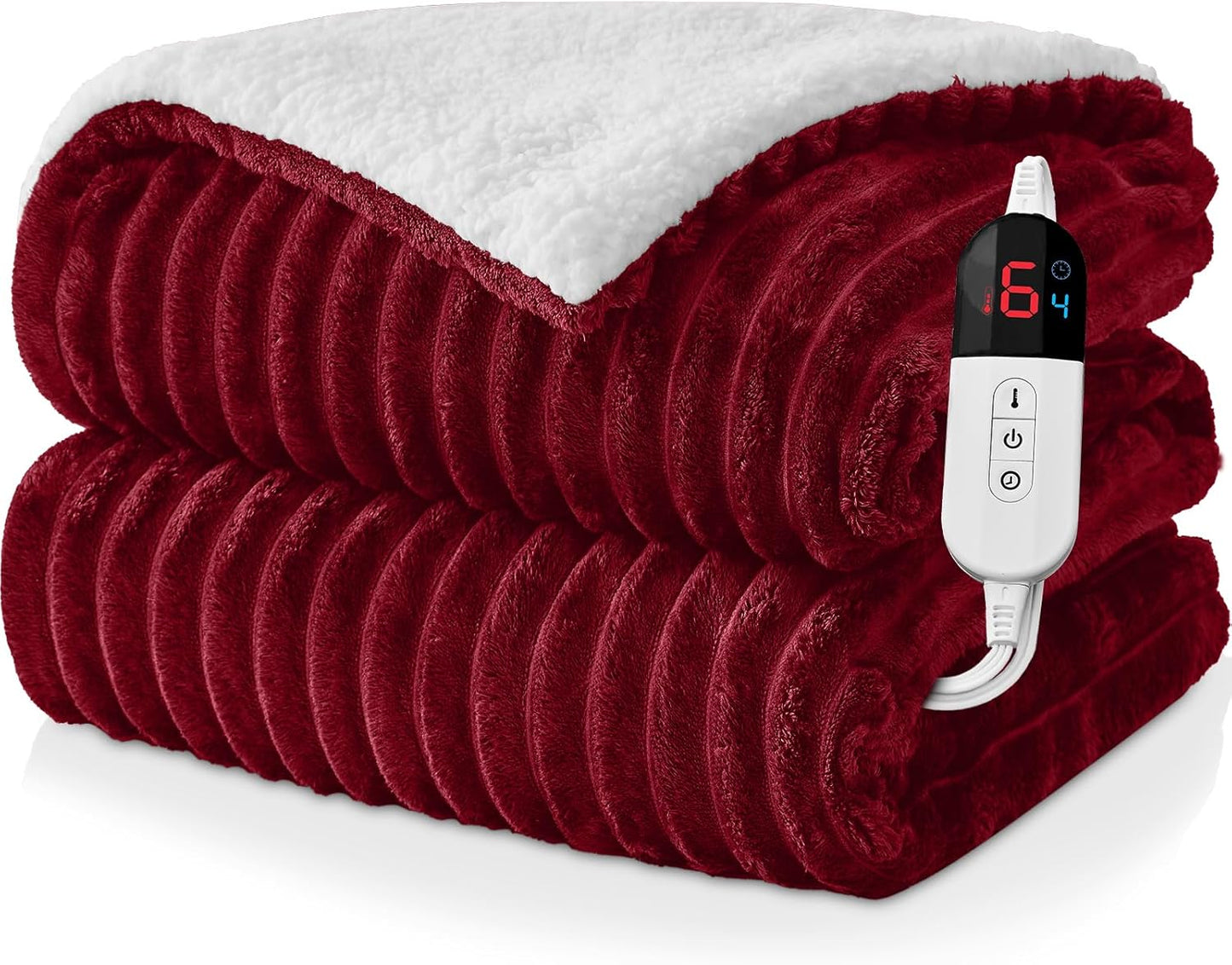 Electric Heated Blanket Full Size - 72"x84" Fast Heating Bed Blankets with 6 Heating Levels & 10 Hours Auto Off, Soft Ribbed Flannel Sherpa, Over-Heated Protection ETL, Red