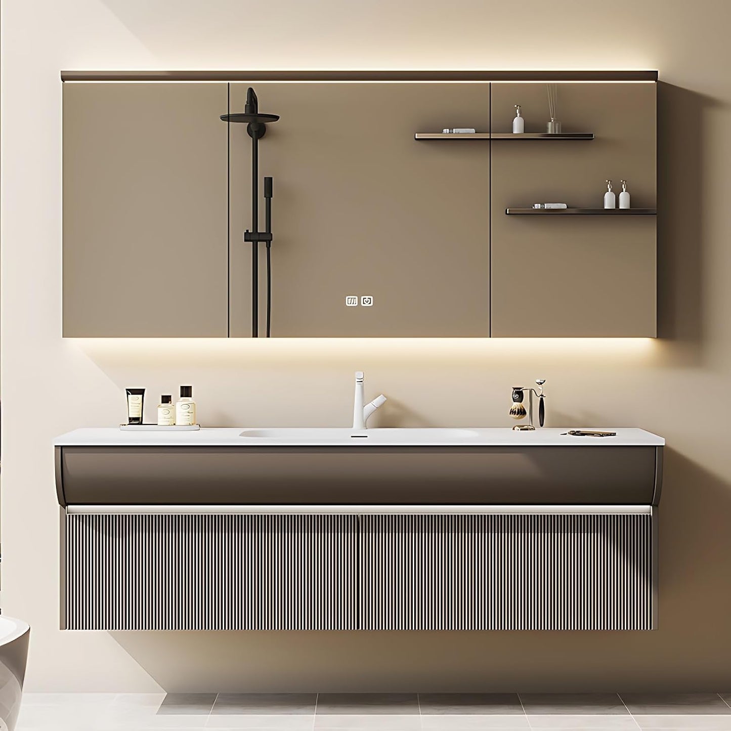 Solid Wood Bathroom Vanity Set - Wall Mounted Bathroom Cabinet with Light, Mirror with Light & Defog, Exquisite Accessories (Mirror Cabinet Style, 24'')